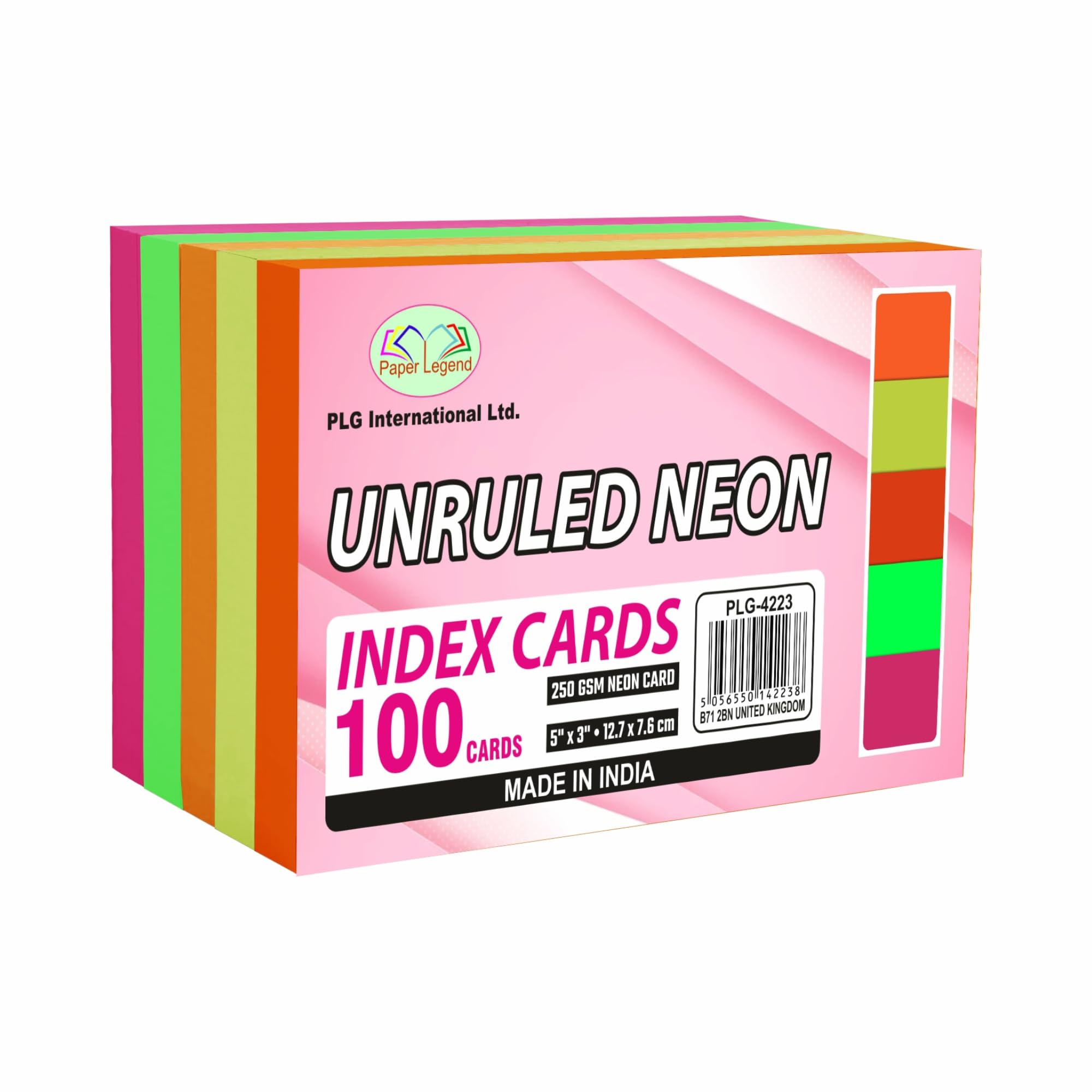 100 Sheets x Flash Cards Paper Revision Cards 5" x 3" Neon Coloured Unruled Index Cards Record Cards 250 GSM Flashcards Notecards Assorted Colours Cue Cards Memo Cards for School Office Note Taking