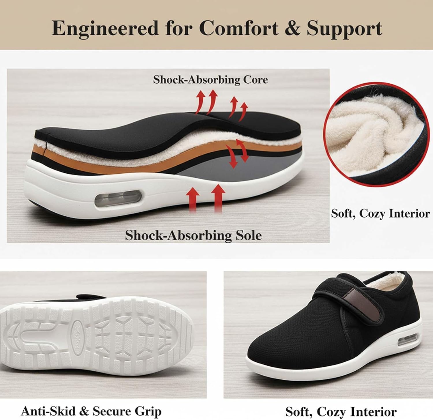 Comfy Wide Fit Slippers with Arch Support, Lightweight Sneakers, Cozy Casual Slippers, Warm Fur Lined Adjustable Walking Shoes, for Diabetic Foot Care, Swollen Feet Relief