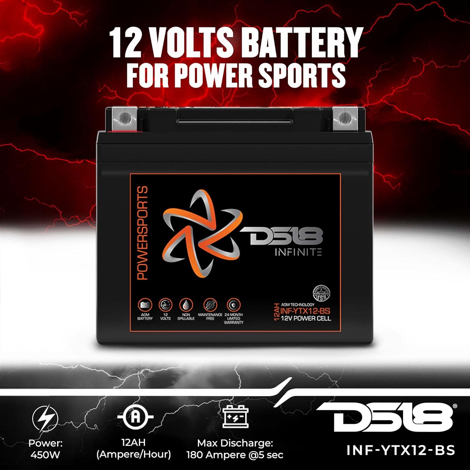 DS18 INF-YTX12-BS AGM Motorsports Motorcycle, ATV and UTV 12 AH 12V Battery, High Performance - Maintenance Free, Rechargeable AGM cell layered construction for maximum voltage (12 AH)