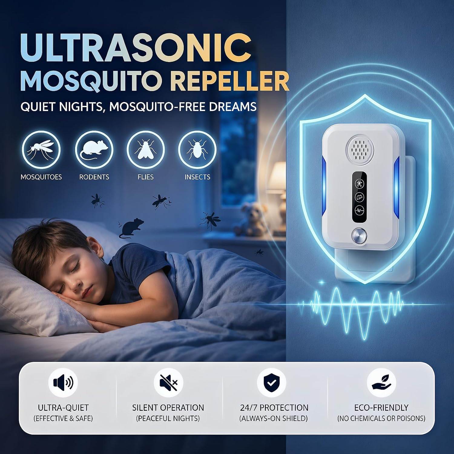Upgraded Electronic Ultrasonic Mosquito Repellent & Insect Indoor Repeller- Mouse Repellent Ultrasonic Plug in for Mice, Rats, Rodent, Roaches, Ants, Bugs, Stronger Driving Force 3 Mode Switching