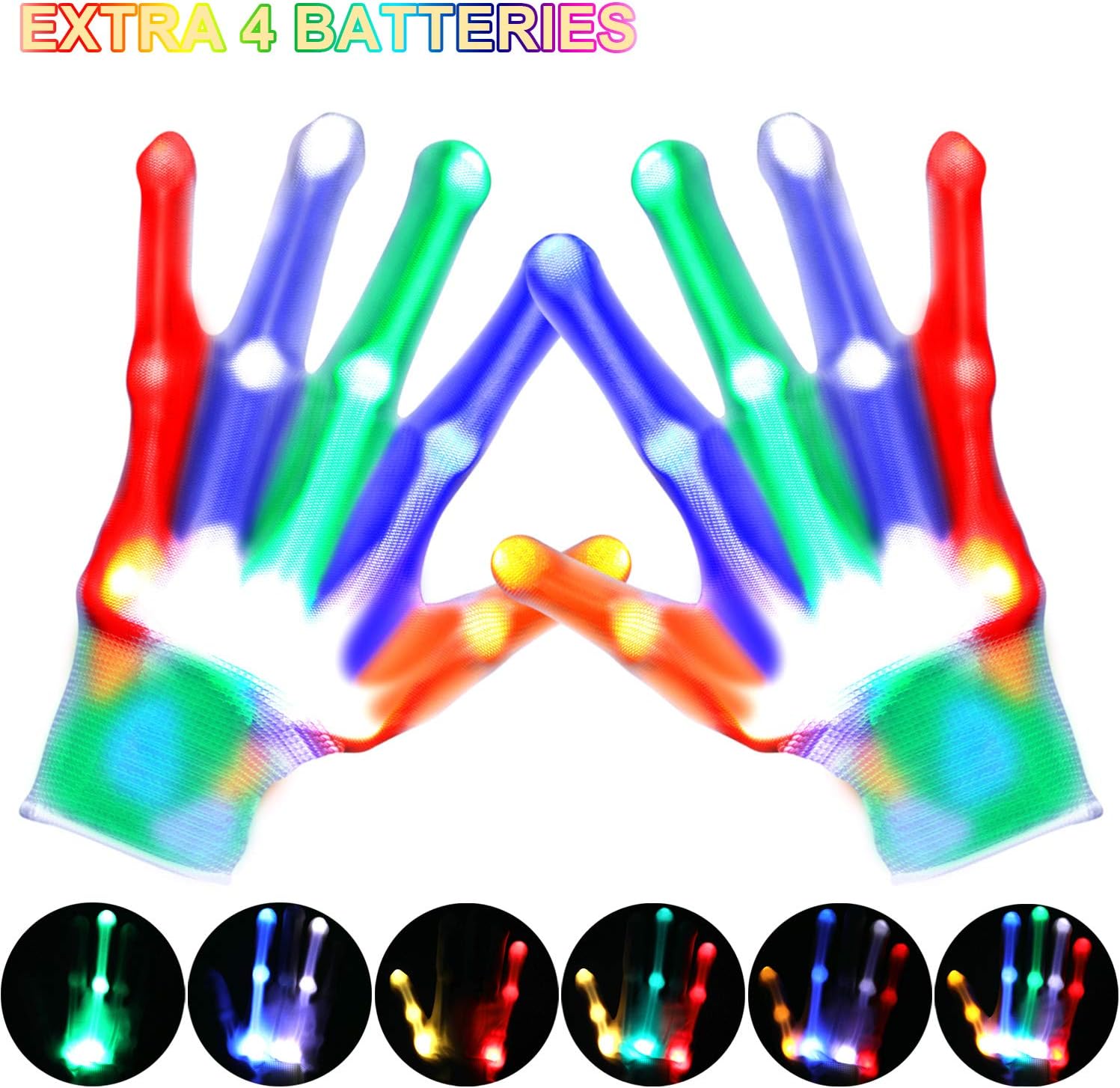 LED Gloves - Light Up Gloves with 5 Colors 6 Modes, LED Gloves for Teens, Christmas, Rave, Birthday, Halloween, Party Supply, Extra Replacement Batteries - White