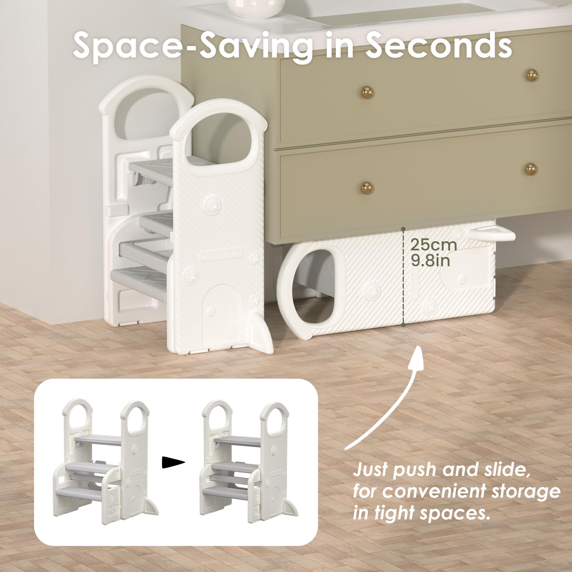Sgabello Bambini con Maniglie, Scaletta Regolabile a 2 o 3 Gradini, Compatta e Antiscivolo per Bagno, Cucina, WC e Lavandino(Grigio)