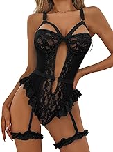 Women's Lingerie Set Lace Push Up Bra Cutout Mesh Bodysuit with Garter Belt
