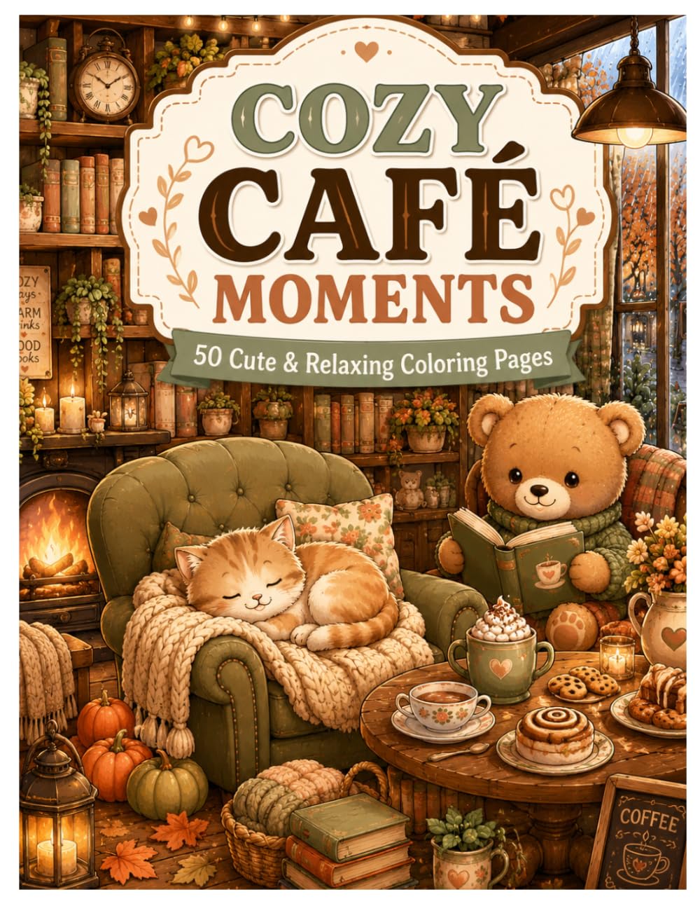 Cozy Café Moments: 50 Cute & Relaxing Coloring Pages for Adults and Teens Featuring Cozy Cafés, Cute Animals, Warm Drinks and Peaceful Moments