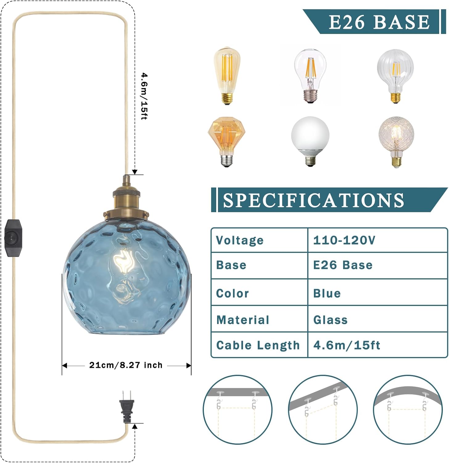 Plug in Pendant Light, Handblown Glass Pendant Light with Dimmable Switch Hanging Lights with Plug in Cord 15ft, Hanging Lamp Plug in for Dining Living Room Kitchen Island Bedroom
