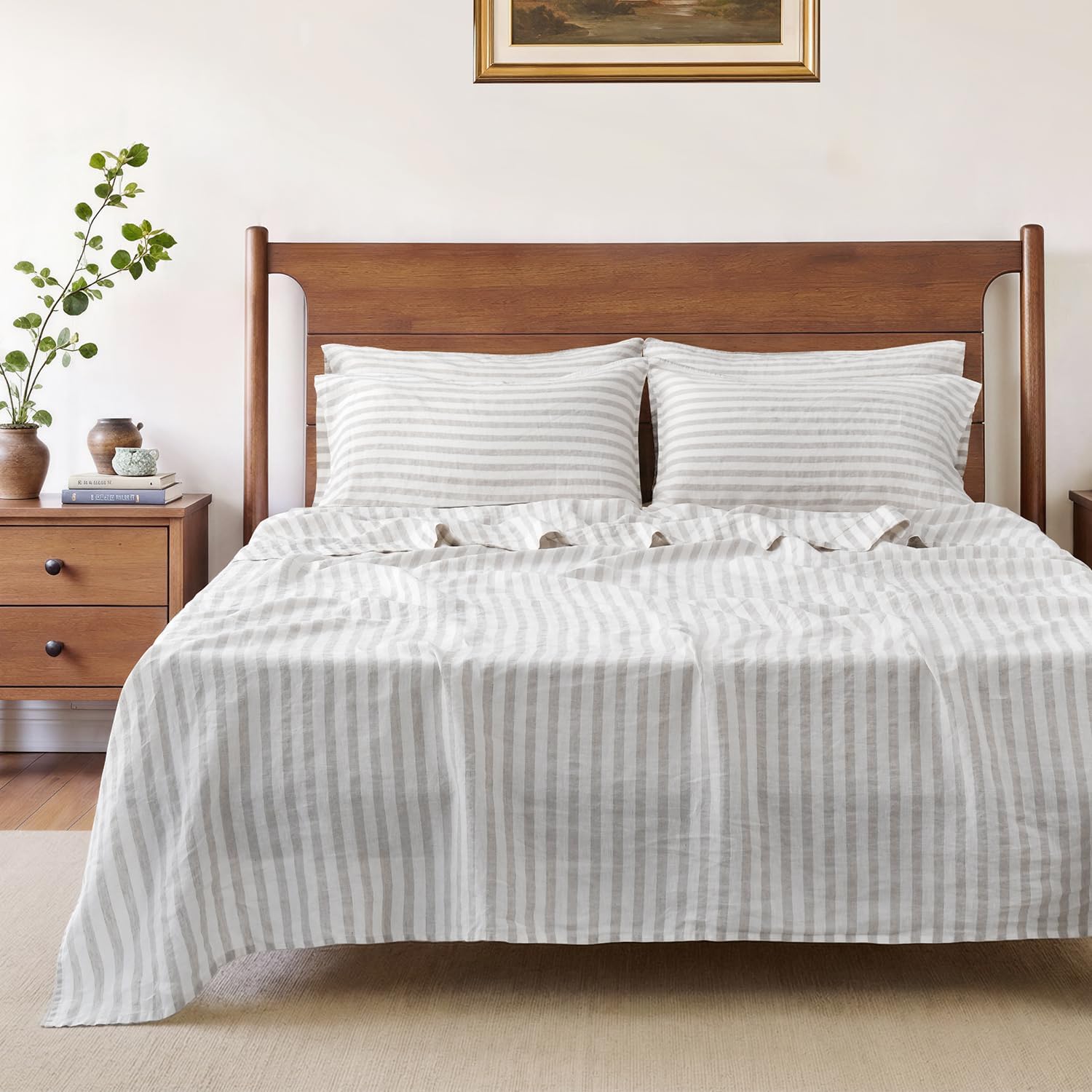 S VICTORY SYMBOL 100% Organic Linen Sheets Set,Yarn Dyed Classic Beige Striped Sheets,French Natural Stone Washed Flax Bedding Set King Size,4pcs Farmhouse Faux Bed Sheets