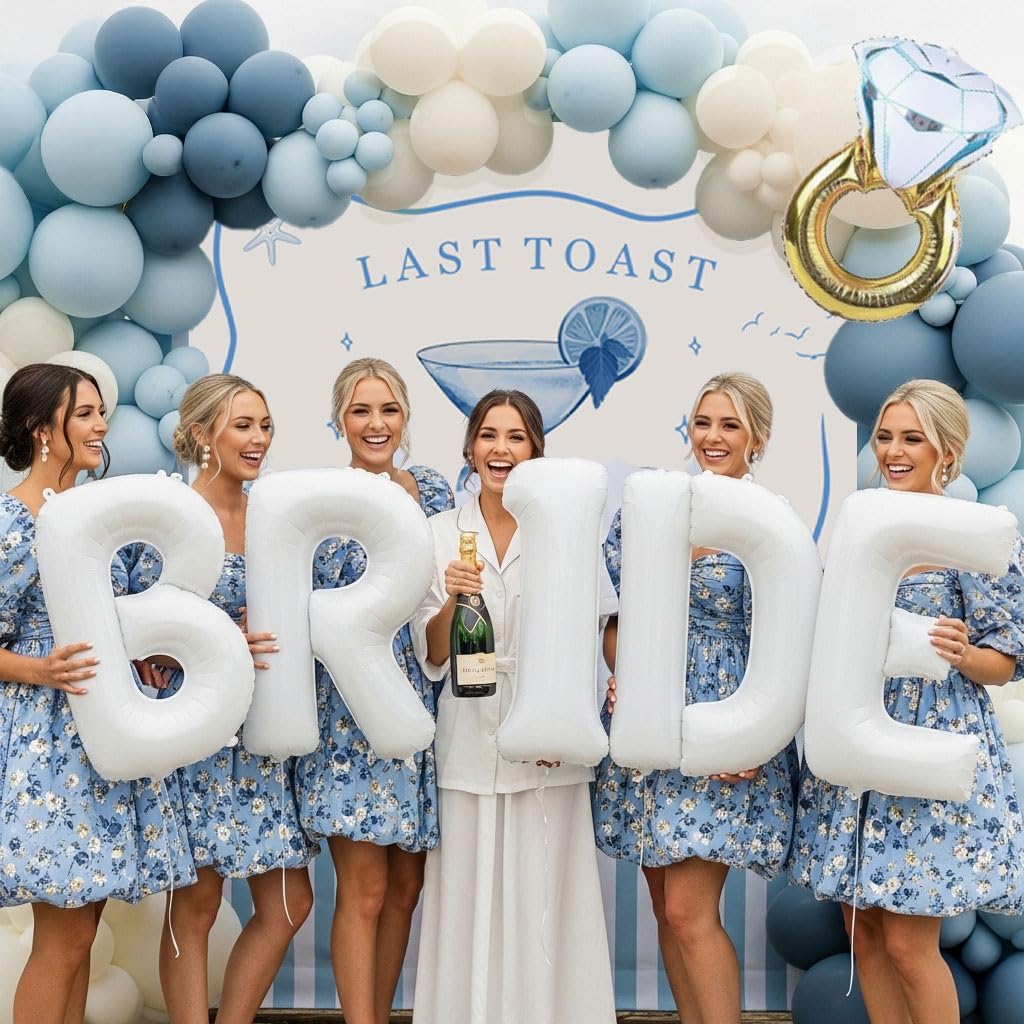 Last Toast on the Coast Bachelorette Decorations Blue bridal shower sand Balloon Garland Kit with Backdrop Huge 40 inch BRIDE letter Diamond Ring balloons for Hen Party Wedding Engagement supplies