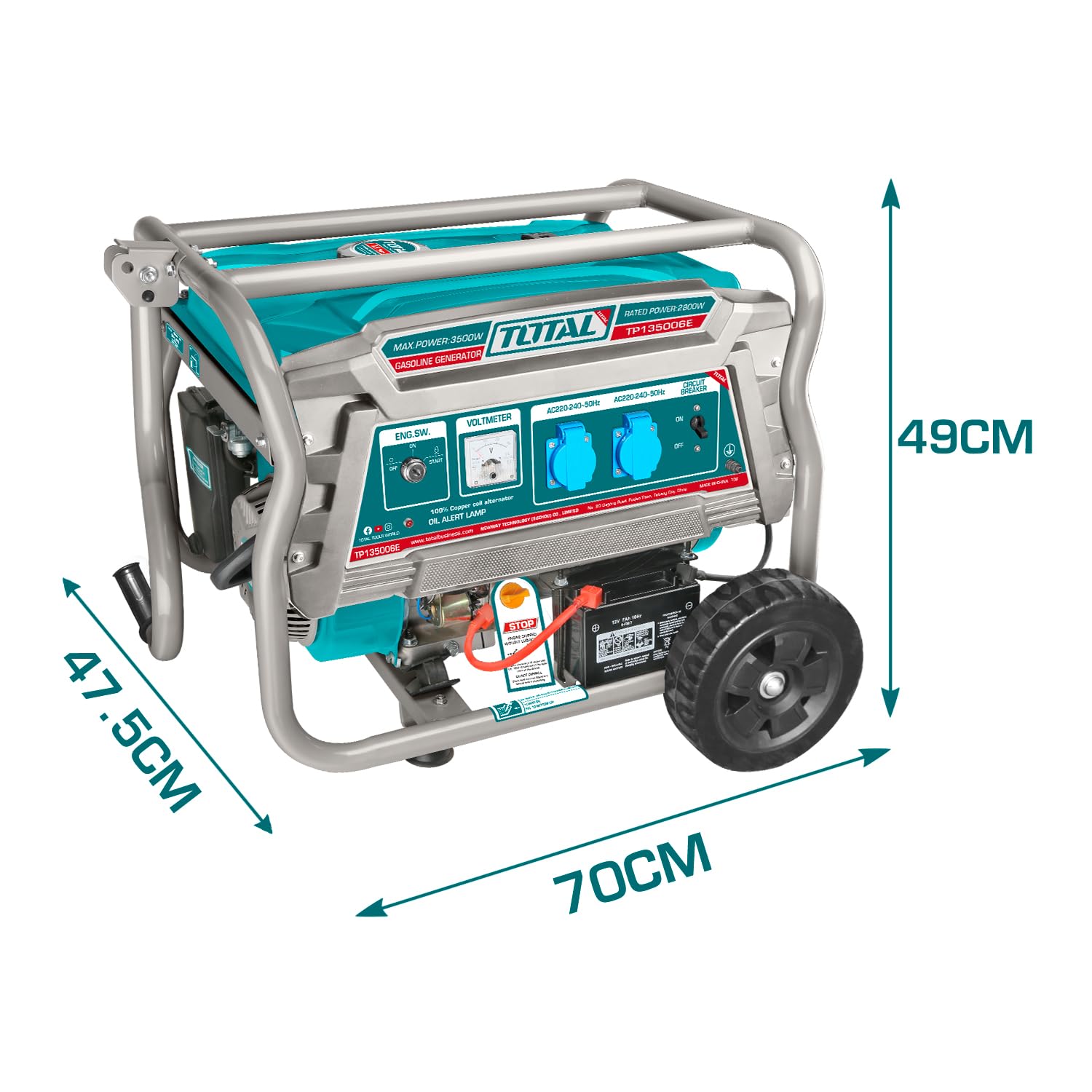 TOTAL - Generatore di Corrente Portatile 3500W a Benzina, Alternatore in Rame, Avviamento Elettrico e Manuale, Motore 4 Tempi OHV, Silenziato, Serbatoio 15L, Ruote e Impugnatura