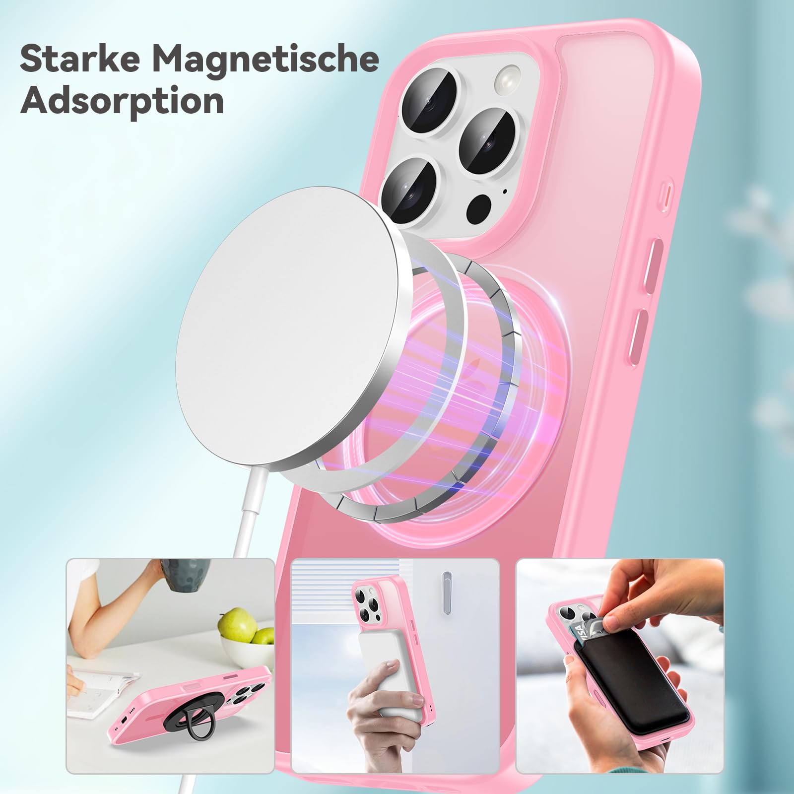 Natiiozie Magnetica Cover per iPhone 16 Pro Max Compatibile con MagSafe Custodia Traslucida Opaca Posteriore, Antiurto Anti-impronta Resistente ai Graffi Protettiva Rosa
