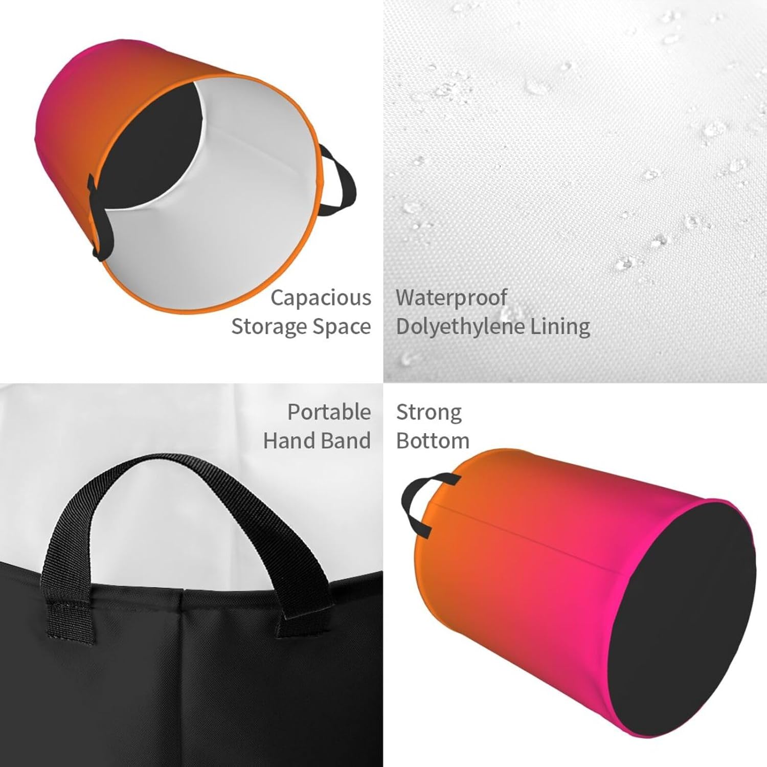 Orange and Neon Pink Ombre Color Laundry Basket Waterproof Collapsible Laundry Hamper with Durable Handle Round Storage Basket Dirty Clothes Organizer Bag for Bedroom Bathroom Living Room