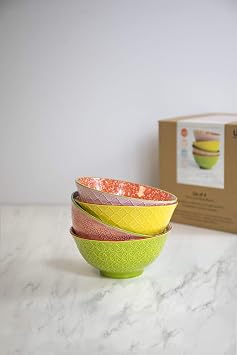 KitchenCraft Patterned Cereal Bowl Set of 4 in Gift Box, Ceramic Serving Bowls Ideal for Ice Cream, Soup and More,#39;Brights' Designs, 15cm