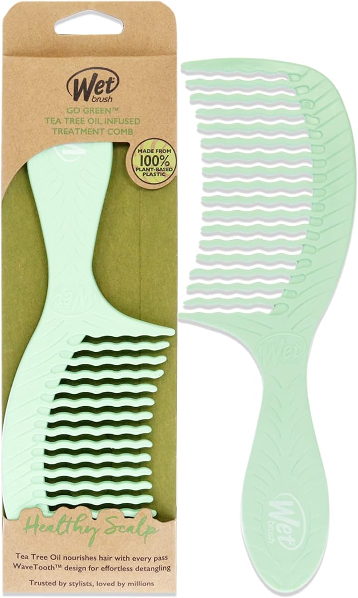 Go Green Tea Tree Oil Infused Treatment Comb - Wide Tooth Hair Detangler with WaveTooth Design that Gently and Glides Through Tangles - No Split Ends and No Damage