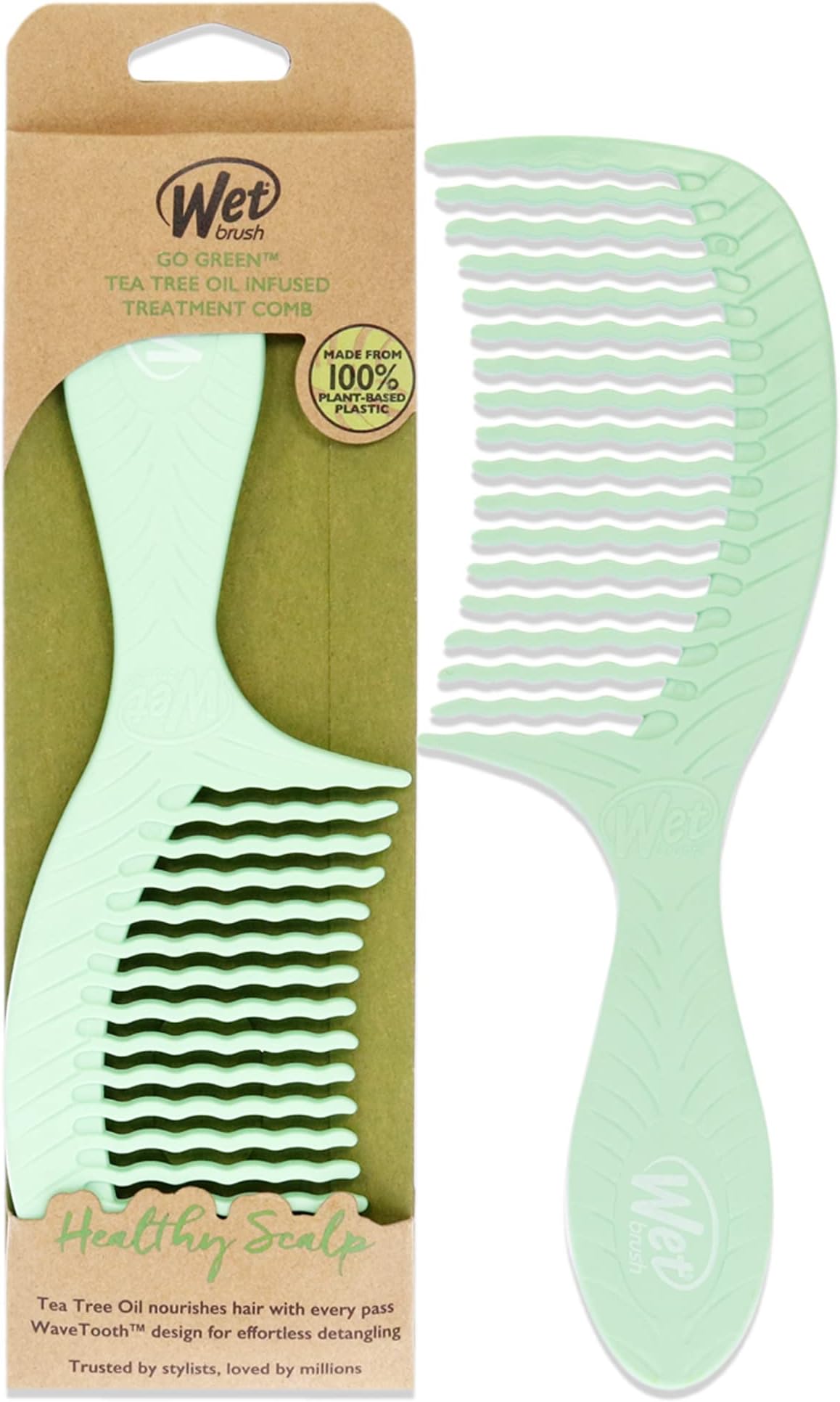 Go Green Tea Tree Oil Infused Treatment Comb - Wide Tooth Hair Detangler with WaveTooth Design that Gently and Glides Through Tangles - No Split Ends and No Damage - 100% Plant-Based Plastic