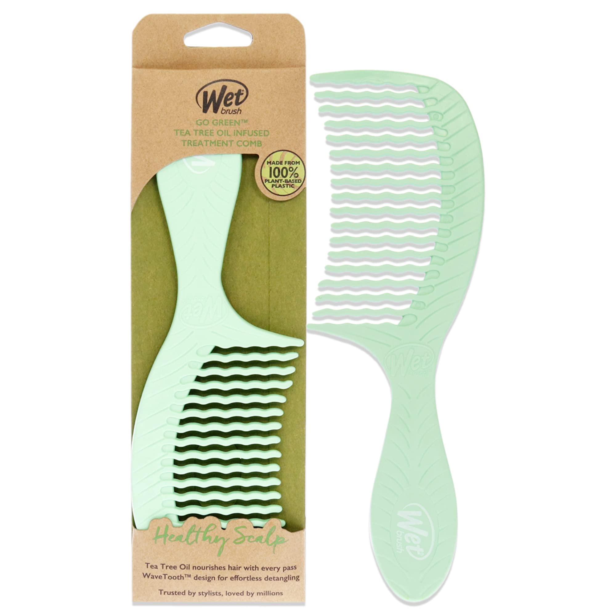 Wet Brush Go Green Tea Tree Oil Infused Treatment Comb - Wide Tooth Hair Detangler with WaveTooth Design that Gently and Glides Through Tangles - No Split Ends and No Damage