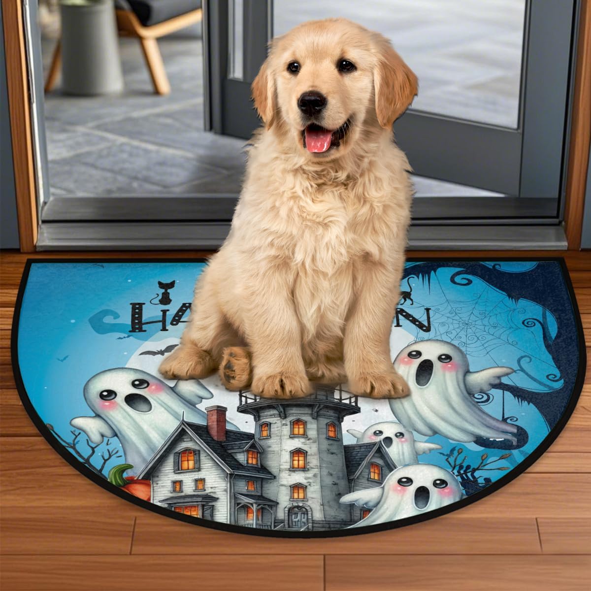 Half Round Door Mat Halloween Pumpkin Ghosts Castle Non-Slip Semi Circle Area Rug Washable Half Moon Hearth Rugs for Indoor Outdoor Bathroom Kitchen Patio Runner Mat Laundry Room Home Decoration