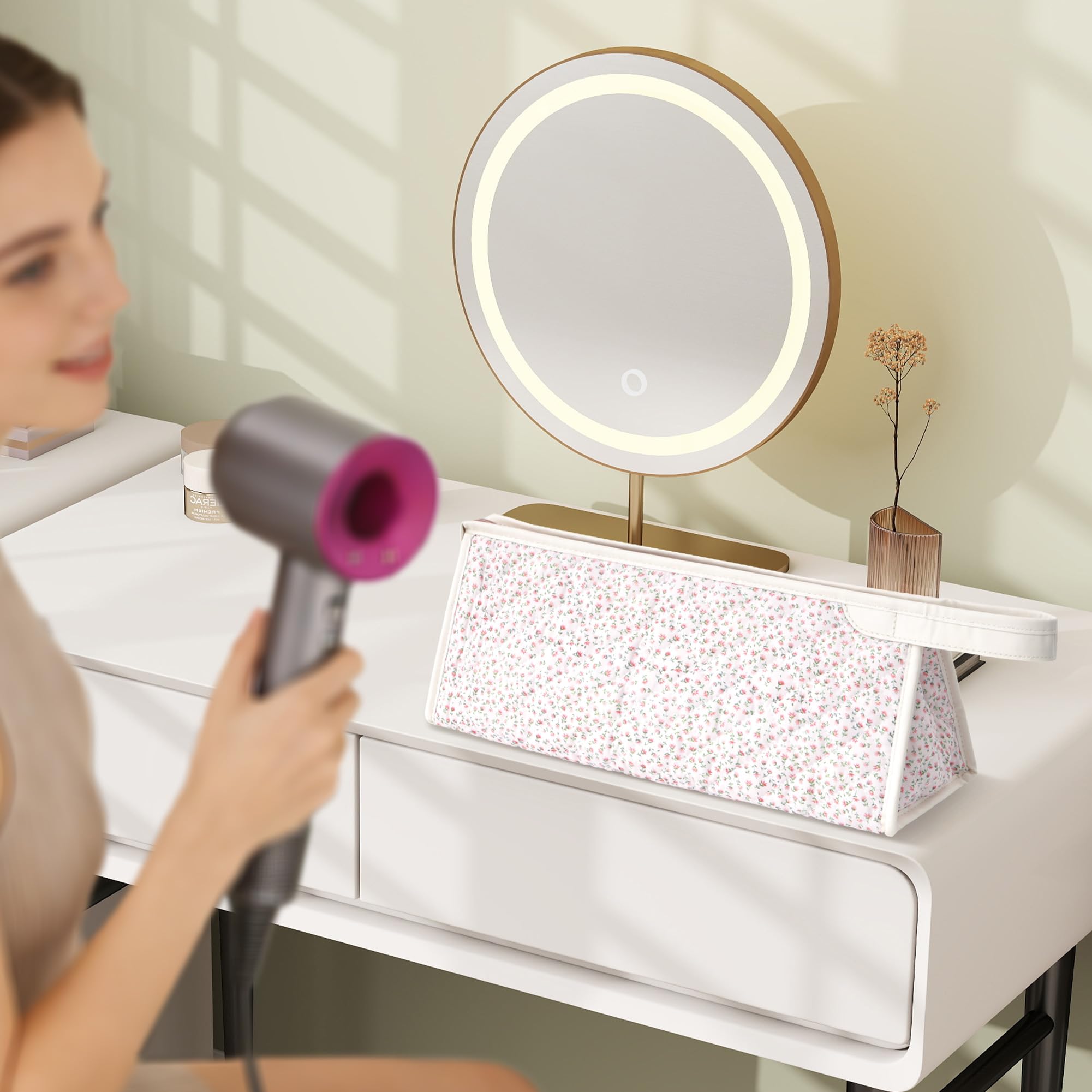 Bolsa de Almacenamiento para Secador de Pelo, Compatible con Airwrap Styler y Supersonic, Funda de Viaje para Shark Flexstyle y Accesorios, Estuche de Transporte para Rizador (Flor Rosa)