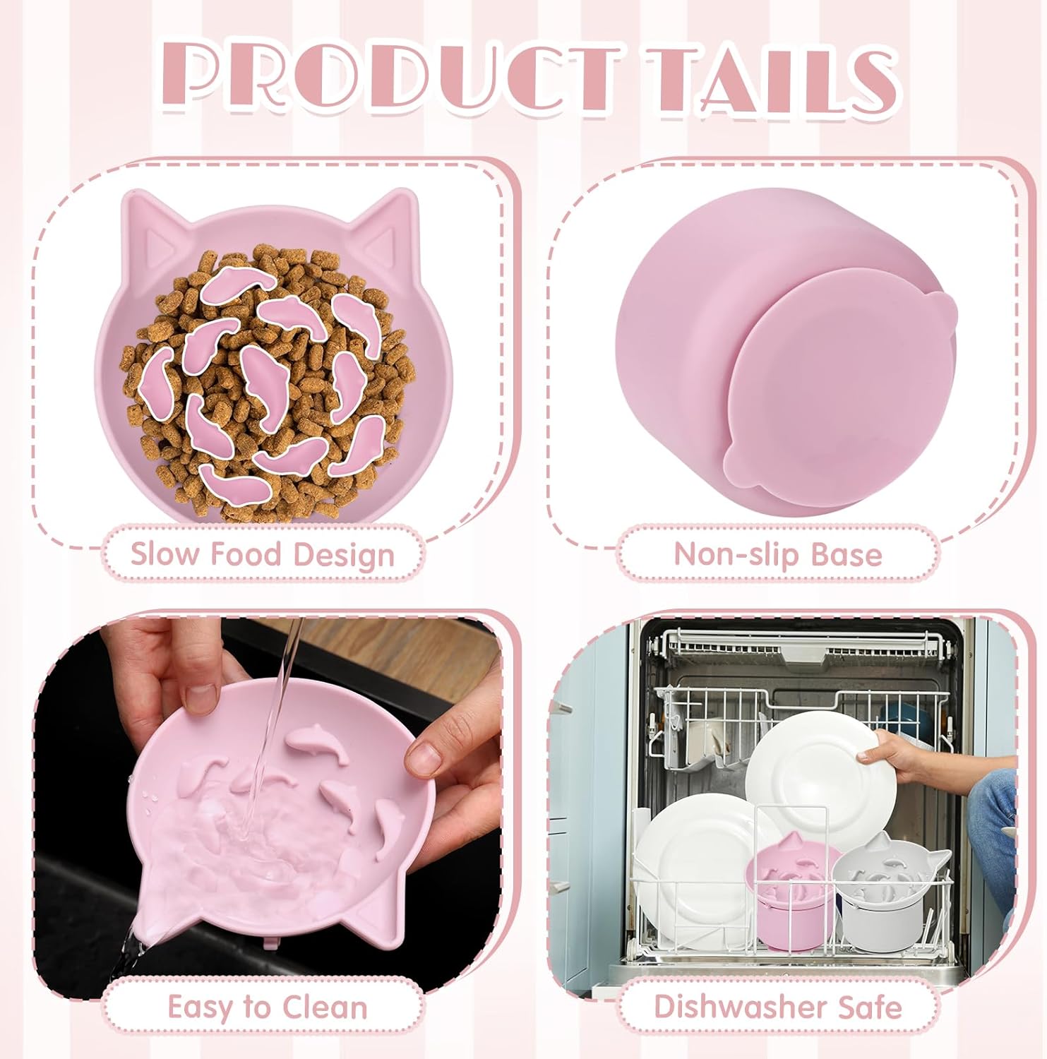 Funnymoom 2 Pack Silicone Cat Slow Feeder, Elevated Slow Feeder Cat Bowl for Dry and Wet Food, Tilted Design with Non Slip Base, Adjustable Angle for Pet(Gray and Pink)