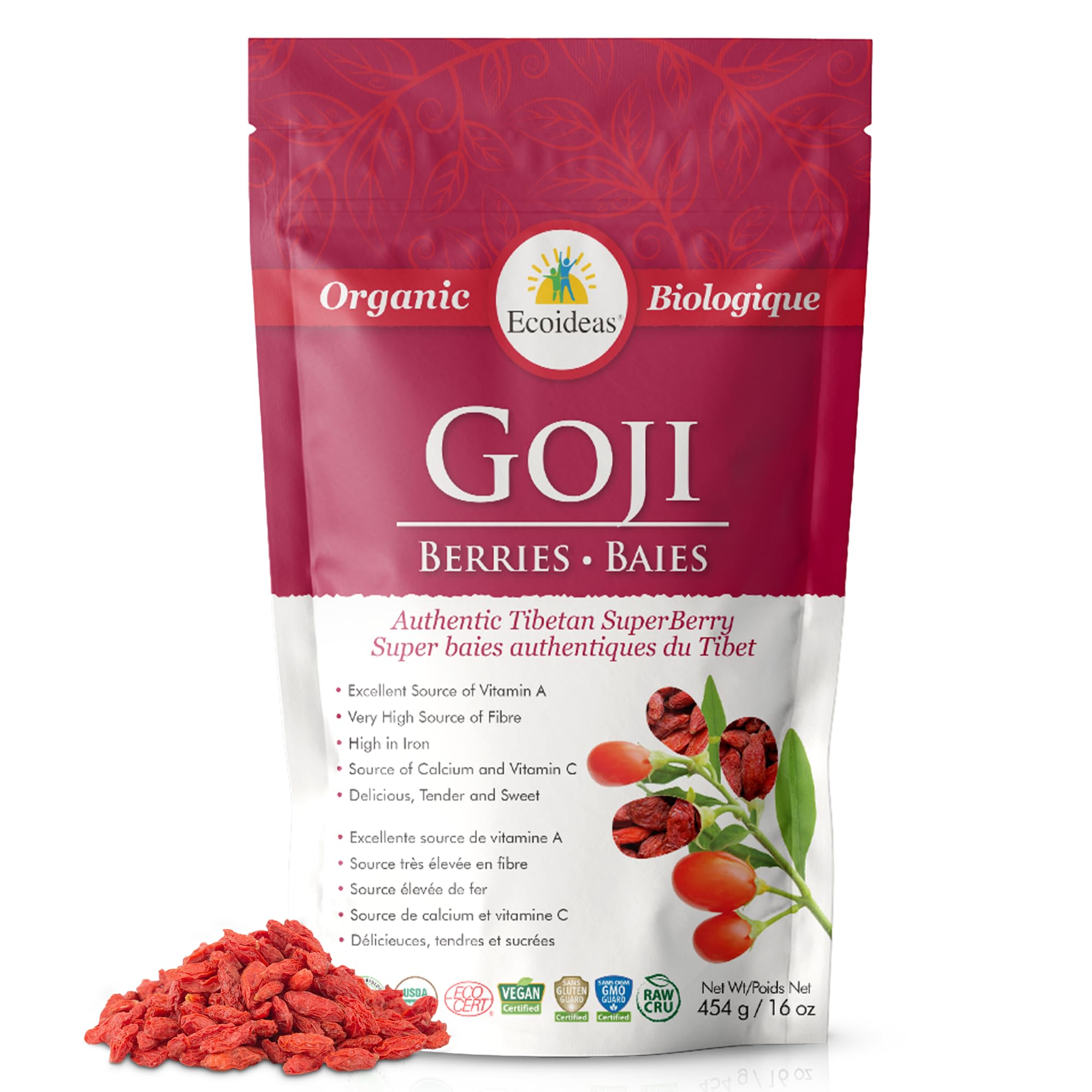 Ecoideas Organic Goji Berries Dried – 454g | Raw, Unsweetened, Natural Superfood – High in Antioxidants & Vitamin C | Non-GMO, Vegan, Gluten-Free –