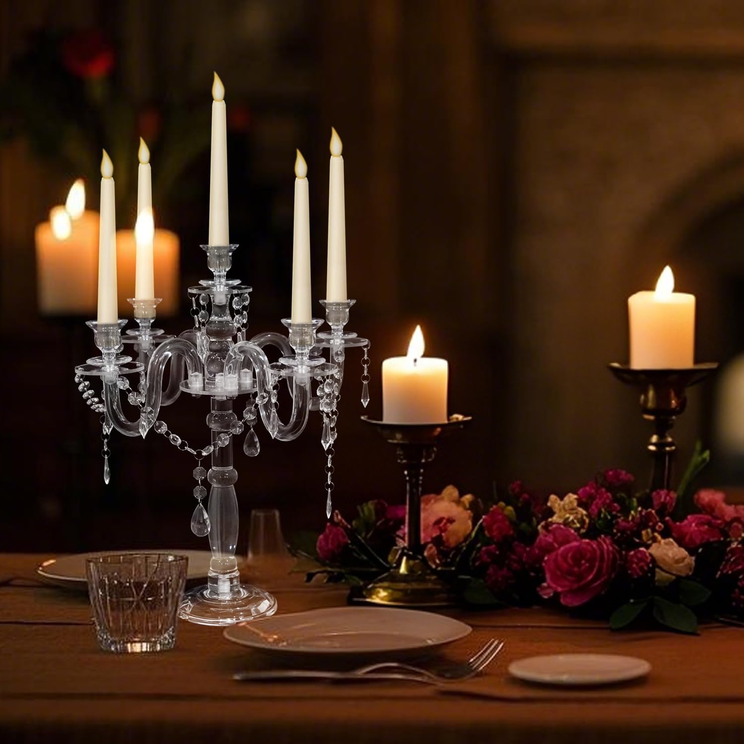 Acrylic Candelabra Centerpieces for Tables, 18.5in Tall 5 Arm Acrylic Candle Holder for Taper LED Candles, Clear Candlestick Holder for Wedding Chandelier Centerpiece Decor Party Event Reception