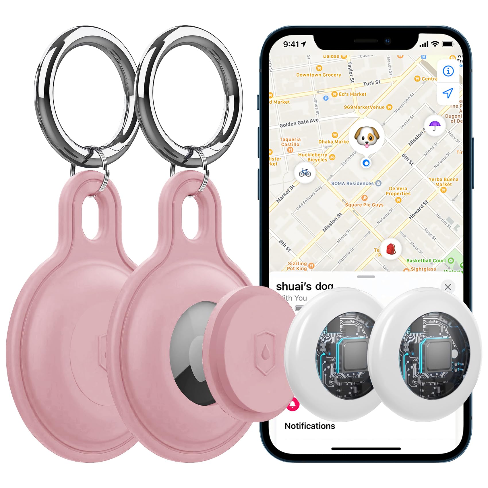 Smart Bluetooth Tracker & Key Finder - 2 Pack Key Finder Locator with Sound Compatible with Apple Find My (iOS Only), Trackers Like Airtags (Pink)