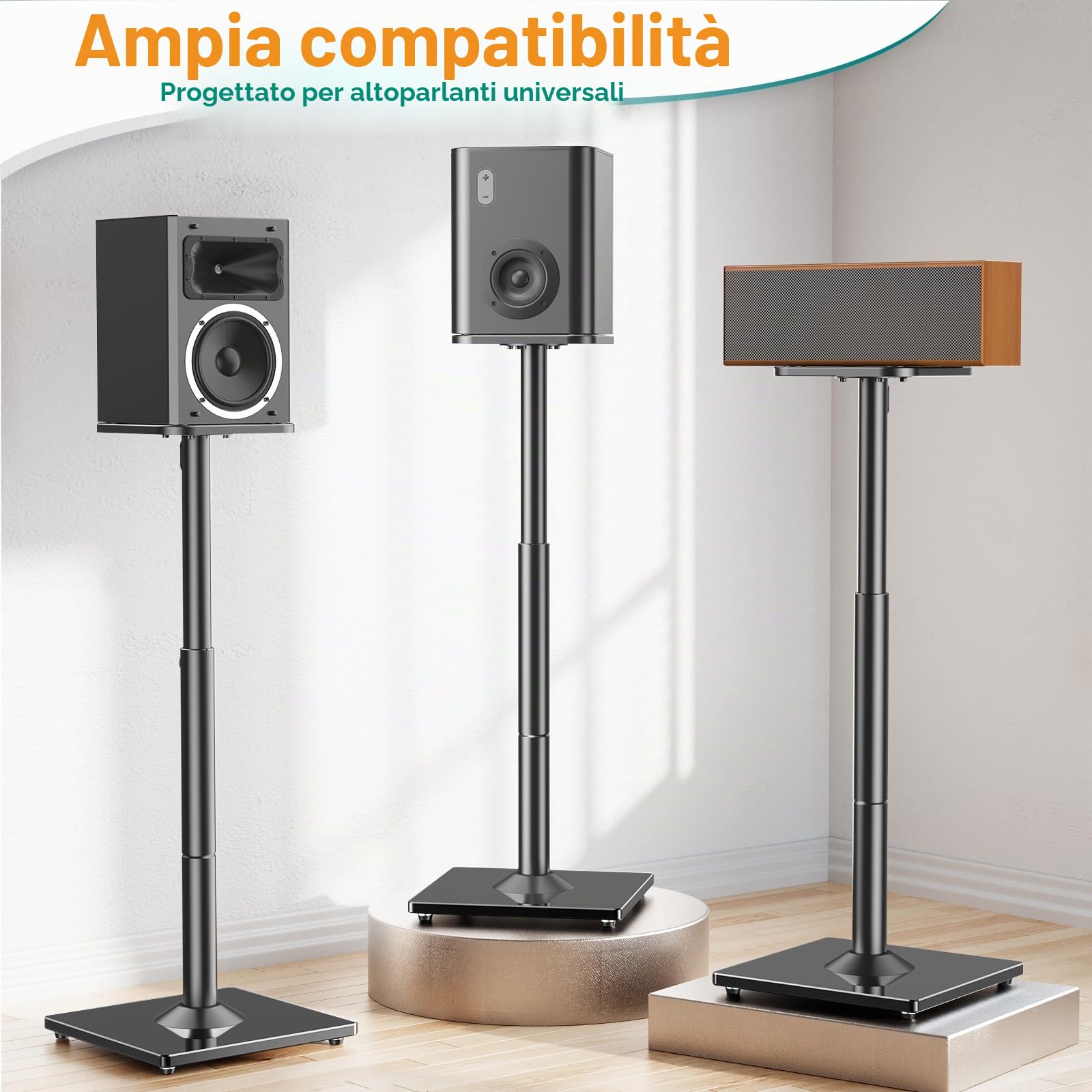ELIVED Supporto universale per altoparlante regolabile in altezza fino a 95 cm, con base in vetro e canalina interna per altoparlante da scaffale, 10 kg, colore nero