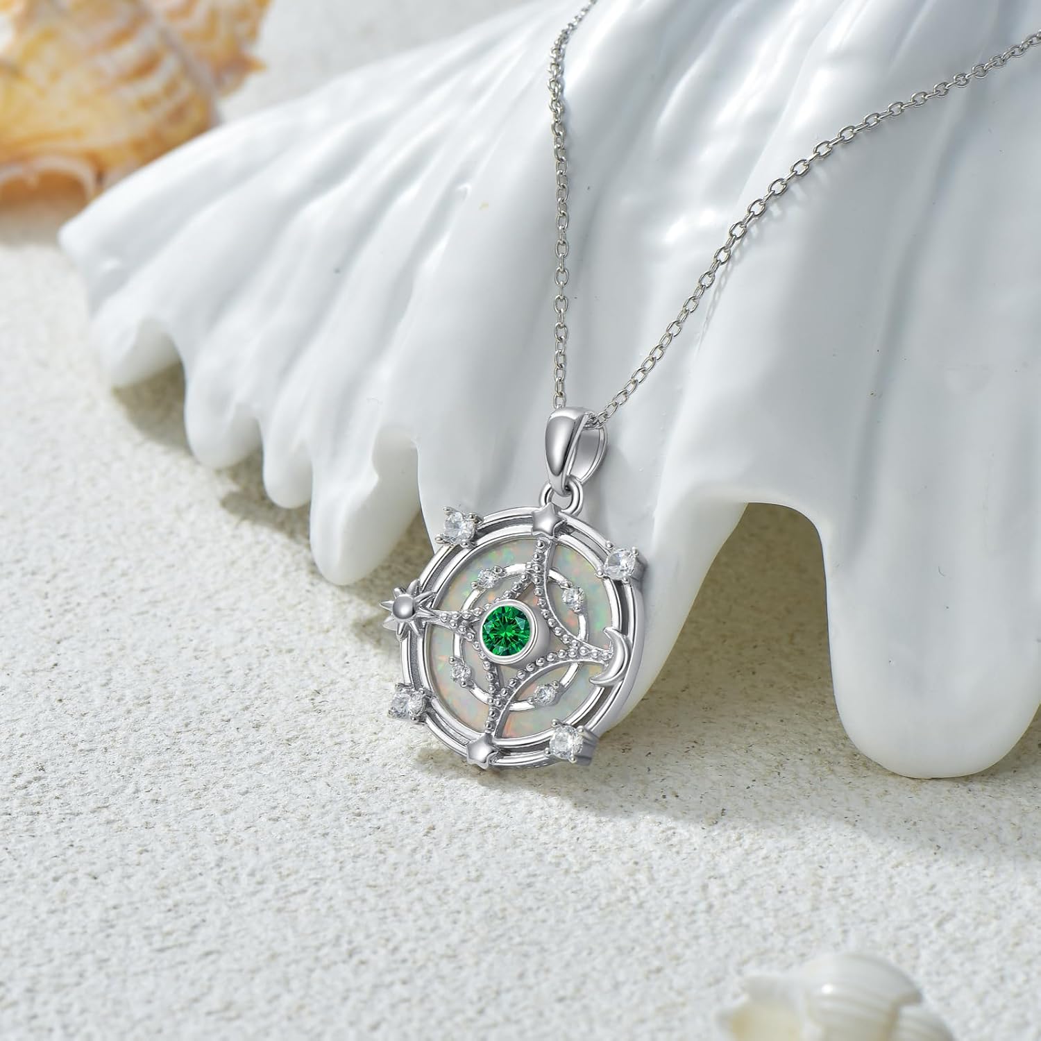 Opal Compass Necklace for Women Opal Necklace for Women Sun Moon Star Pendant 925 Sterling Silver North Star Anniversary Birthday Gifts Jewelry for Her - Image 2