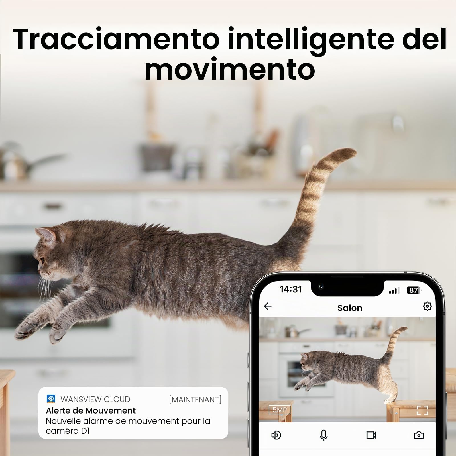 Cinnado Telecamera WiFi Interno - 2K(3MP) Videocamera Sorveglianza Interno Wi-Fi per Baby con Pan/Tilt, Rilevamento del movimento e sirena, Audio Bidirezionale, D1 2P