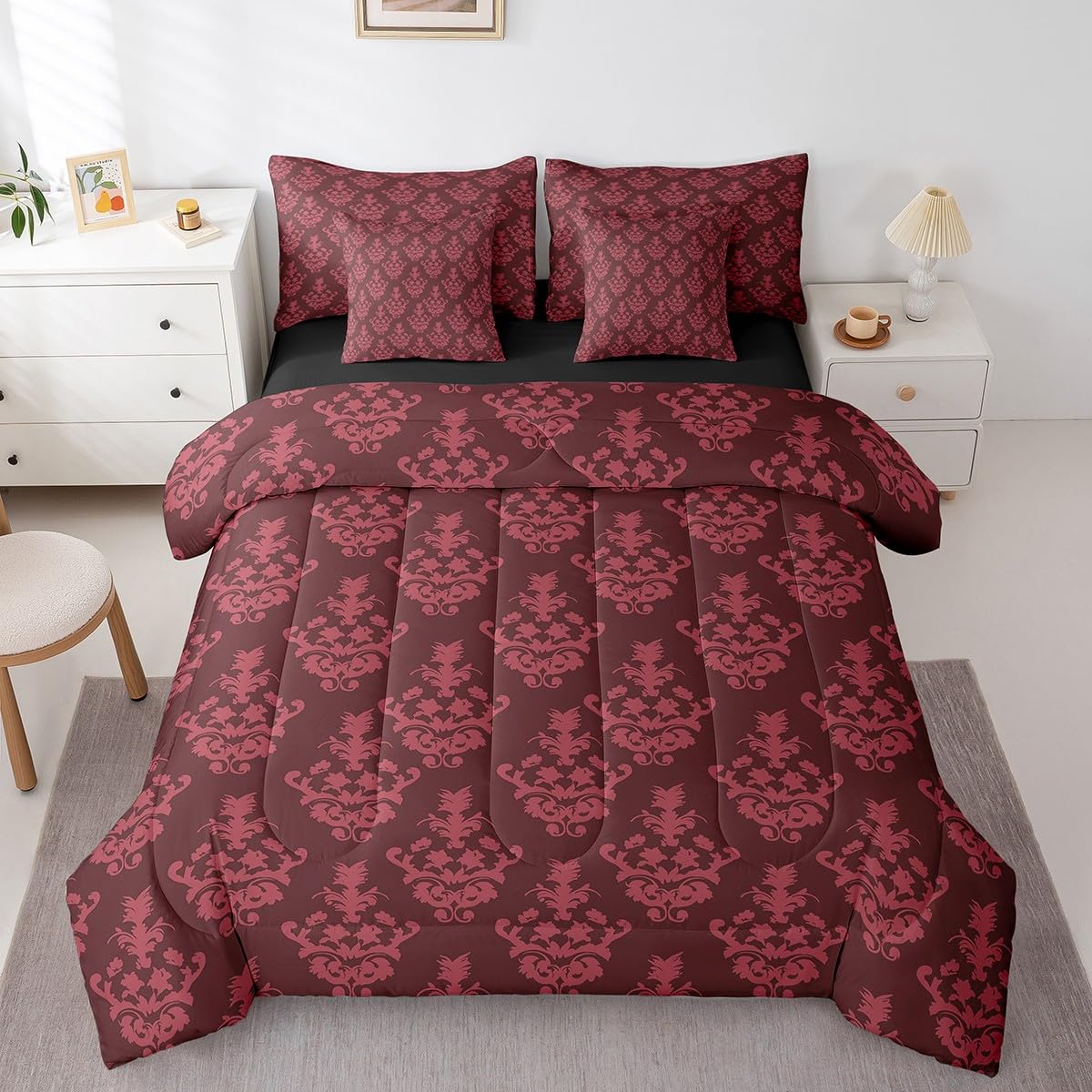 Erosebridal Gothic Bed in a Bag King Size Comforter Set 7 Pieces Adults Damask Bedding Sets Victorian Sheet