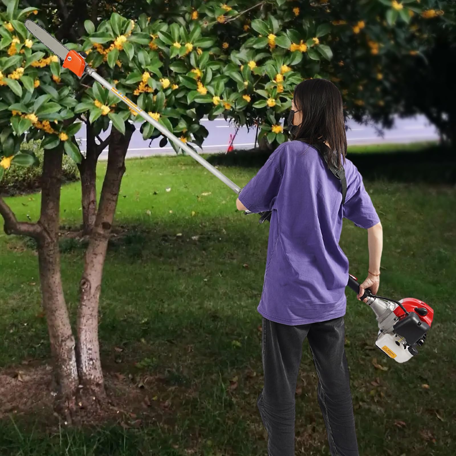Motosega telescopica a benzina, motore a benzina a due tempi 1,7 CV, sega per potatura lunga con occhiali di protezione, lunghezza asta telescopica 2,4 – 3,5 m, per giardini domestici, parchi e piante