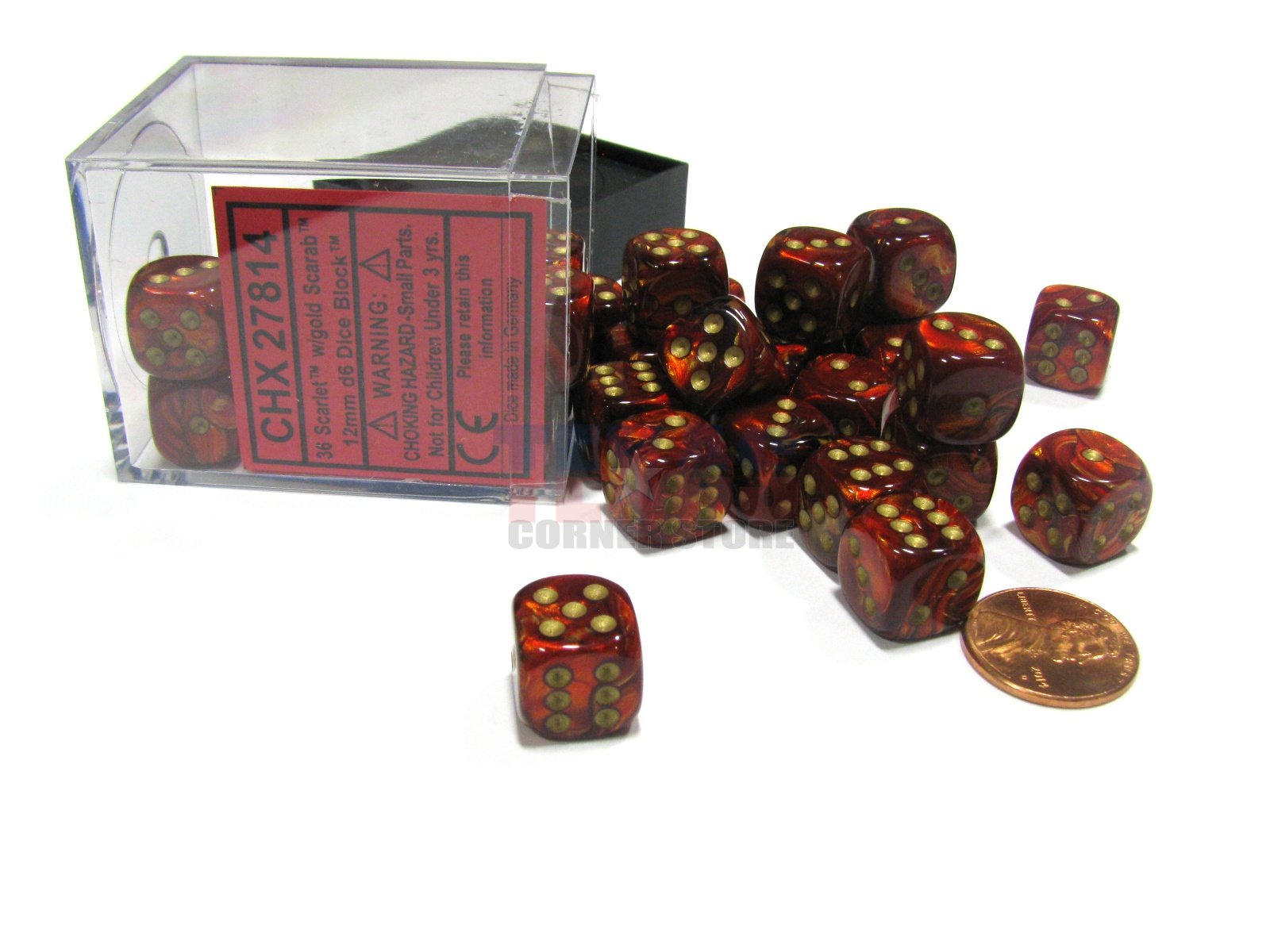 Chessex Scarab 12mm D6 Dice Block (36 Dice) - Scarlet with Gold Pips 27814