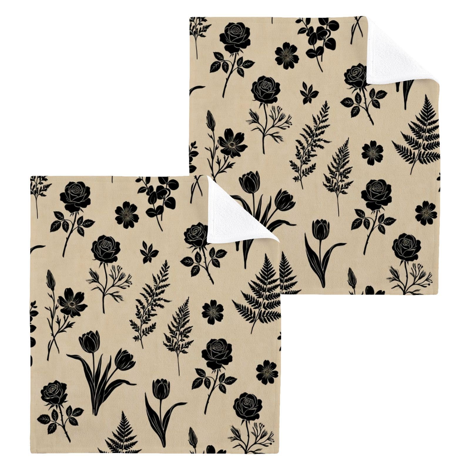 BOESI Black Floral Silhouette 12x12in Cotton Washcloth,Face Towel