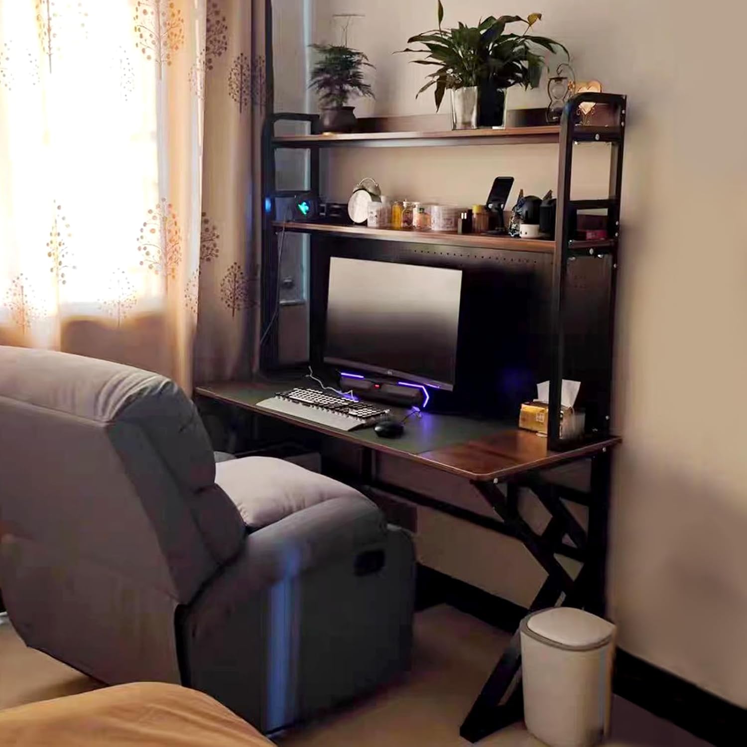 31.4in Gaming Desk with Bookshelf Combo, Computer Desk with Pegboard, Large Writing Table with Desktop Shelves, Ample Leg Room, for Home Office (Brown, 31.4in)