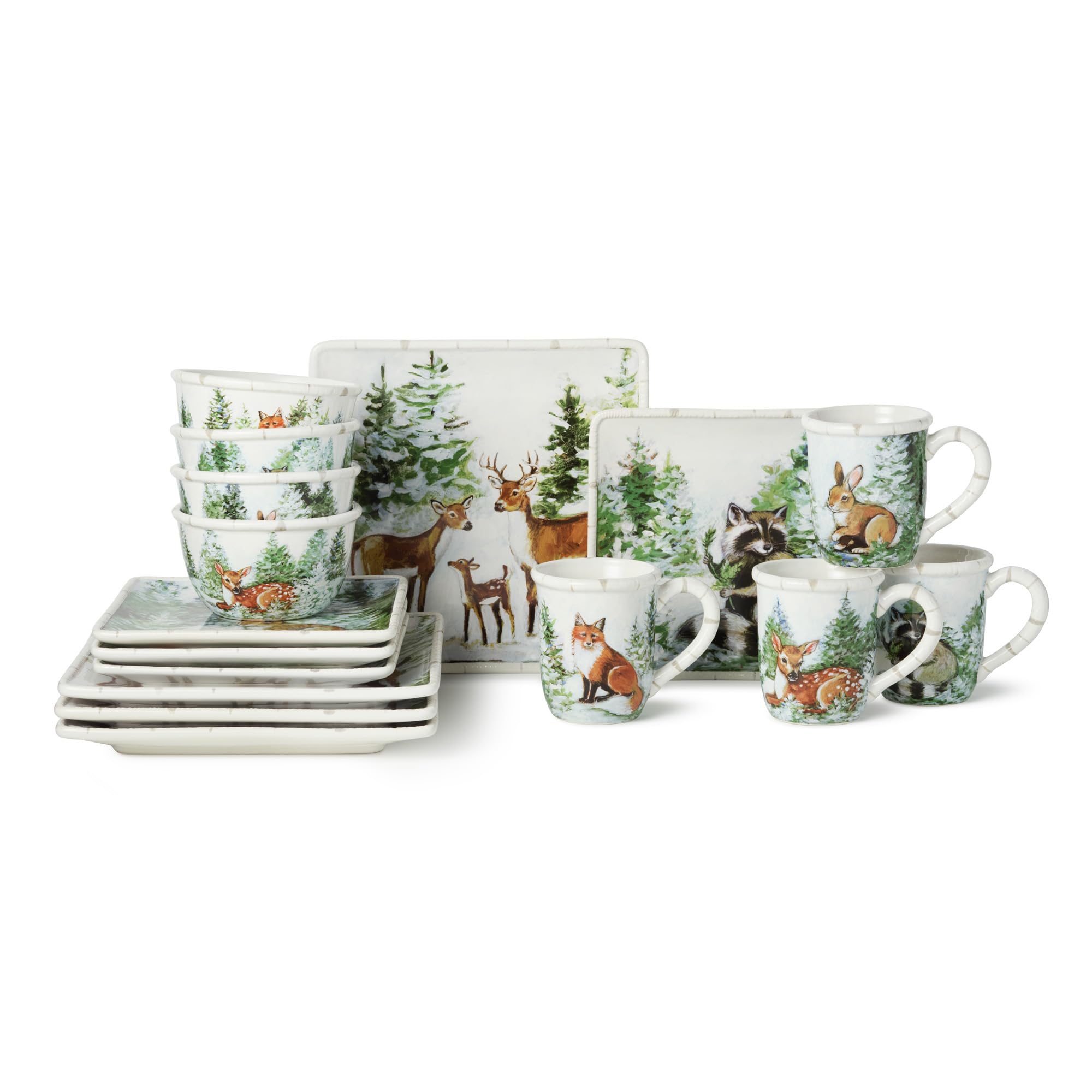 Set di stoviglie da 16 pezzi Winter Cabin, SERVIZIO per 4 - Quattro posti completi vivi di pini spolverati di neve, un"accogliente capanna di tronchi, e le affascinanti creature boschive di un inverno