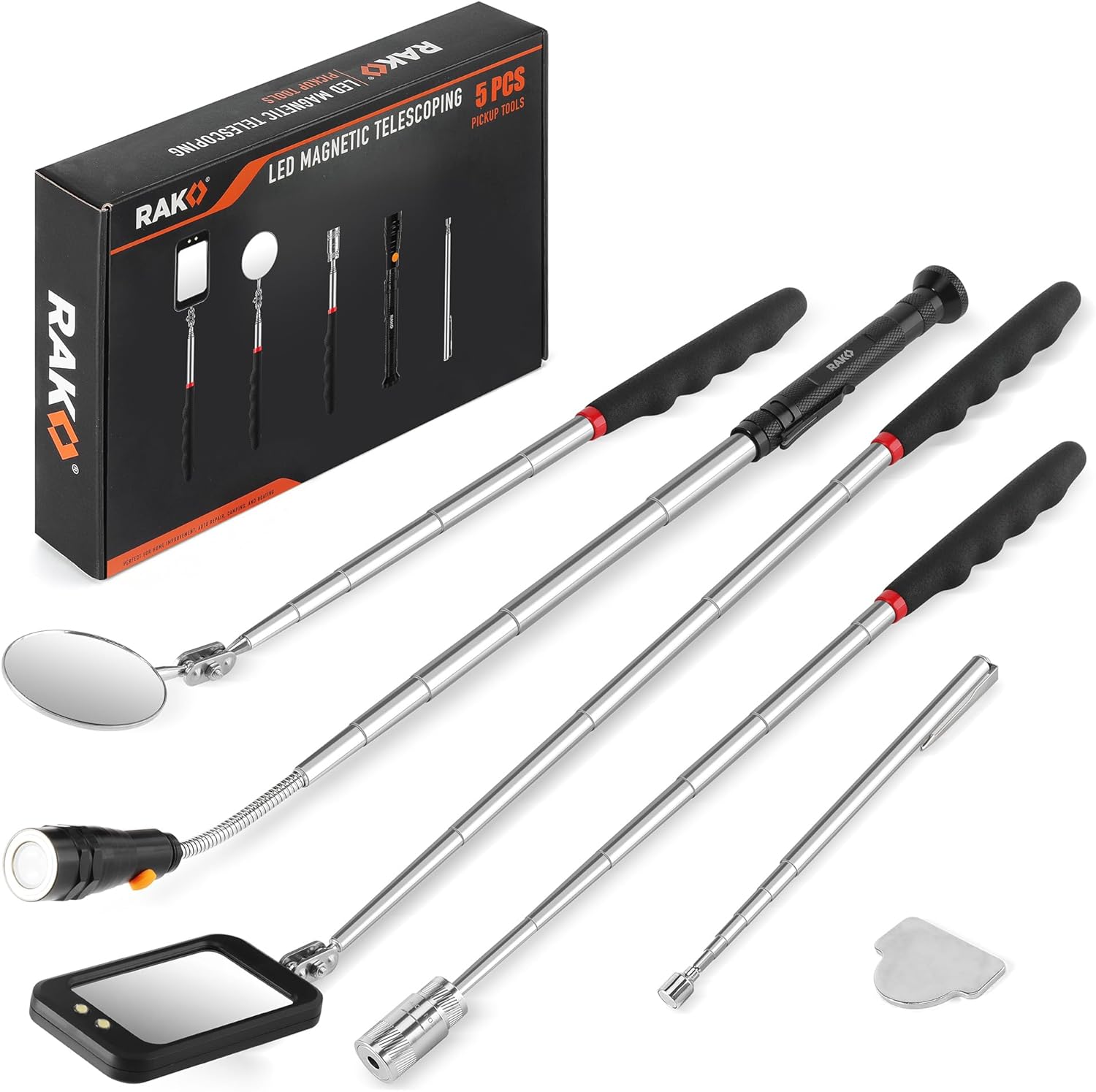 RAK Magnetic Pickup Tool Set Gifts for Men - 5Pcs with 360 Swivel Inspection Mirrors, Telescoping Magnet Pickup Tool, Flexible LED Flashlight, Mechanic Tools & Cool Gadgets for Men, Dad, Husband 5 Pcs Magnetic Pickup Tool Set