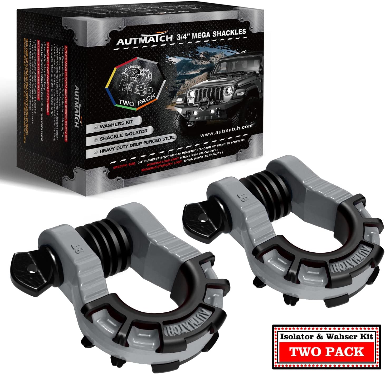 AUTMATCH D Ring Shackles 3/4" Mega Shackle (2 Pack) 68,000Ibs Break Strength - Heavy Duty Clevis Shackles with 7/8" Screw Pin and Isolator Washer for Tow Strap Winch Off Road Vehicle Recovery, Gray