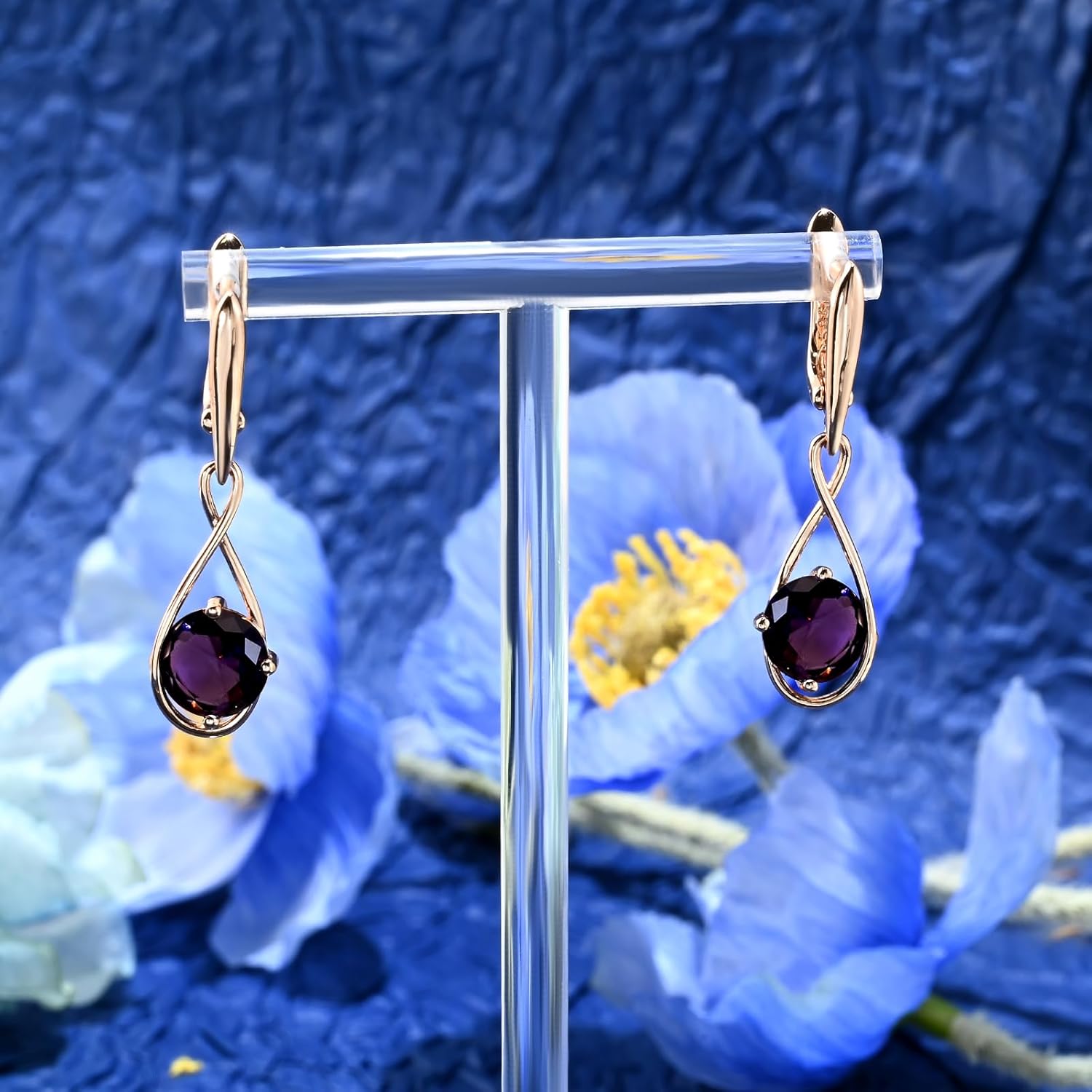 14k Rose Gold Plated Dark Purple Round Rhinestones Teardrop Earrings Dangle Hypoallergenic Stone Earrings for Women - Image 4