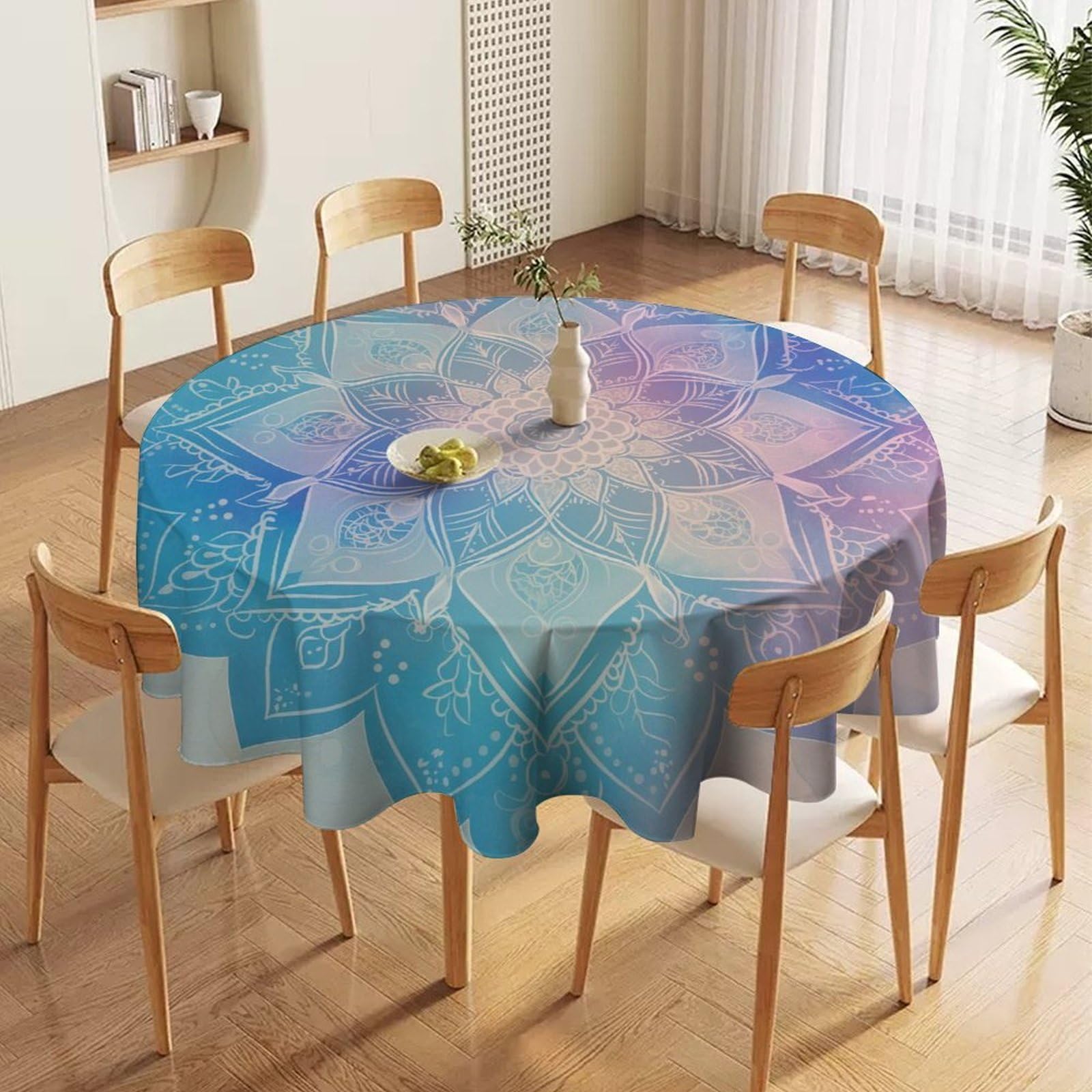 ORDOBO 3D Print Round Tablecloth - Blue Pattern Round Countertop Decoration Cover Waterproof Wipeable Dust-Proof For Kitchen Dining Home 152X152Cm