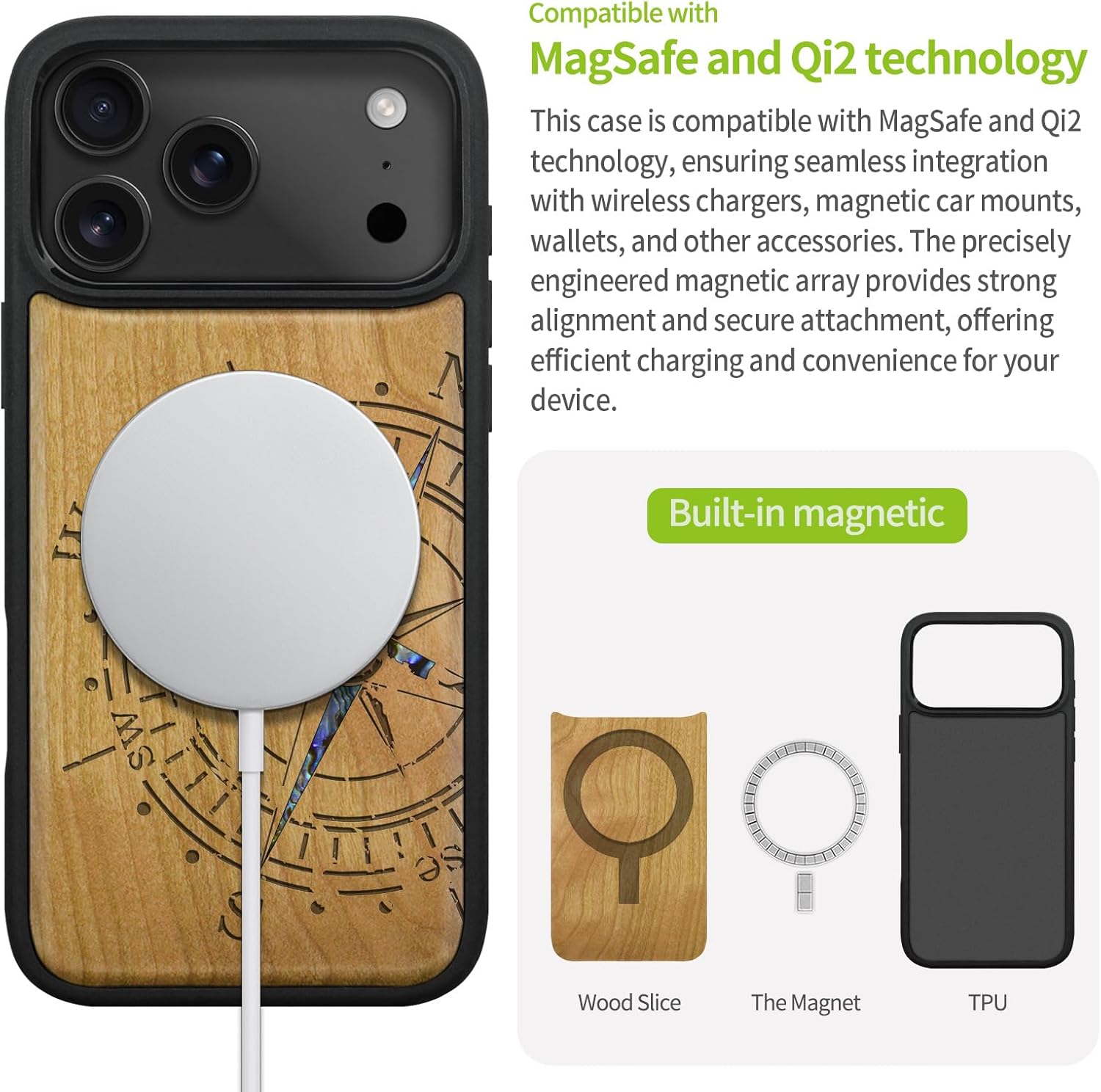 Carveit Magnetic Case for iPhone 17 Pro Max Case, Wood Artisan Engraved & Handmade Shell Inlaid, TPU Shockproof Cover, Compatible with MagSafe Wireless Chargers (The Incomplete Compass-Cherry)