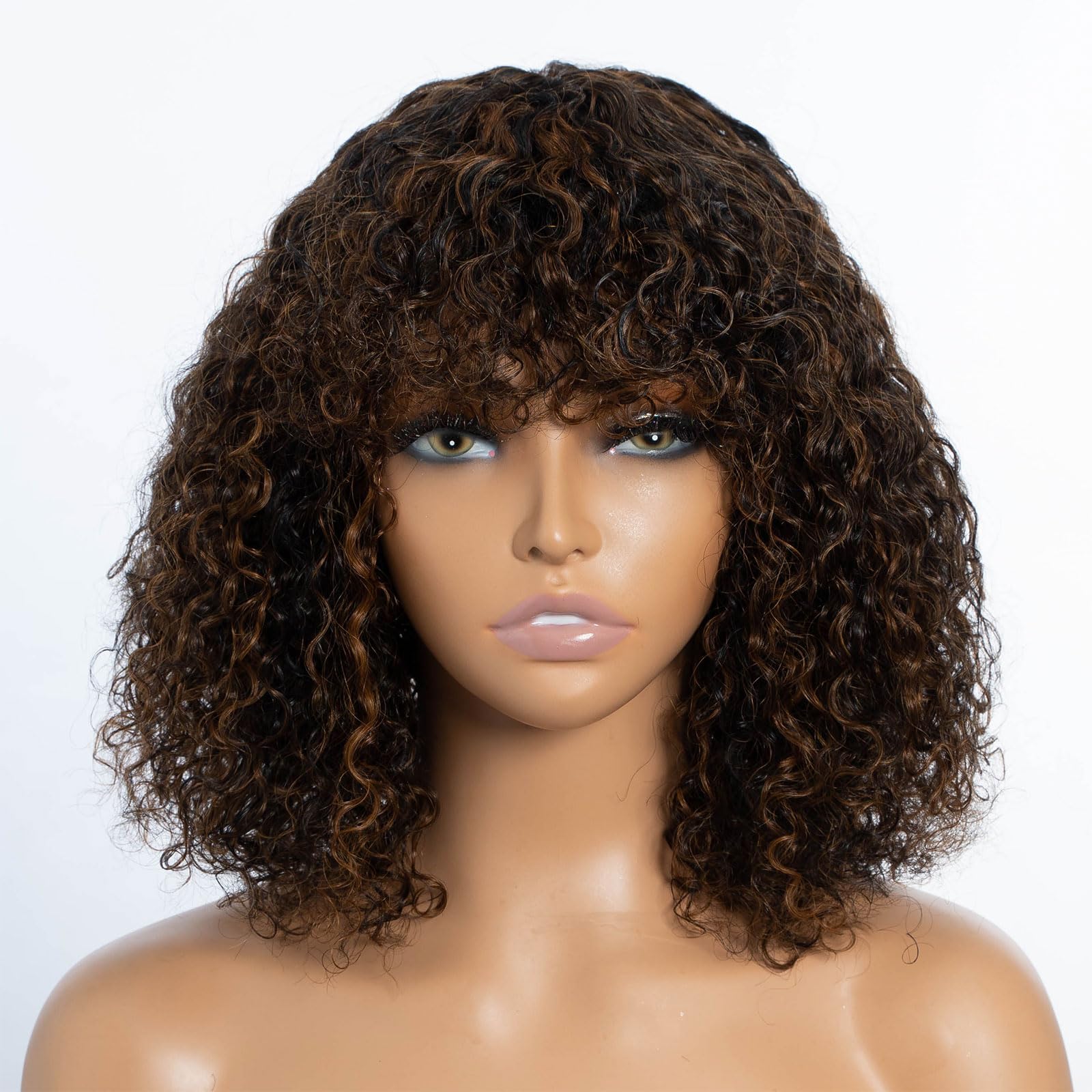 DÉBUT Short Curly Bob Wigs with Bangs 100% Human Hair Highlight Brown 12 Inches Glueless Wear and Go Water Wave Wigs with Bangs 150% Density Ombre 1B