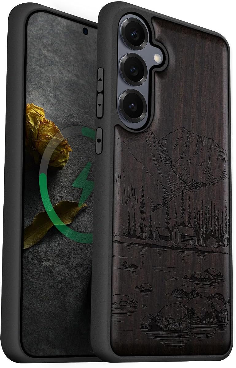 Carveit Wood Case for Galaxy S25, Lakes and Mountains, Blackwood | Magnetic Samsung Galaxy S25 Case Compatible with MagSafe Wireless Chargers, Engraved Wood & Soft TPU Shockproof Bumper