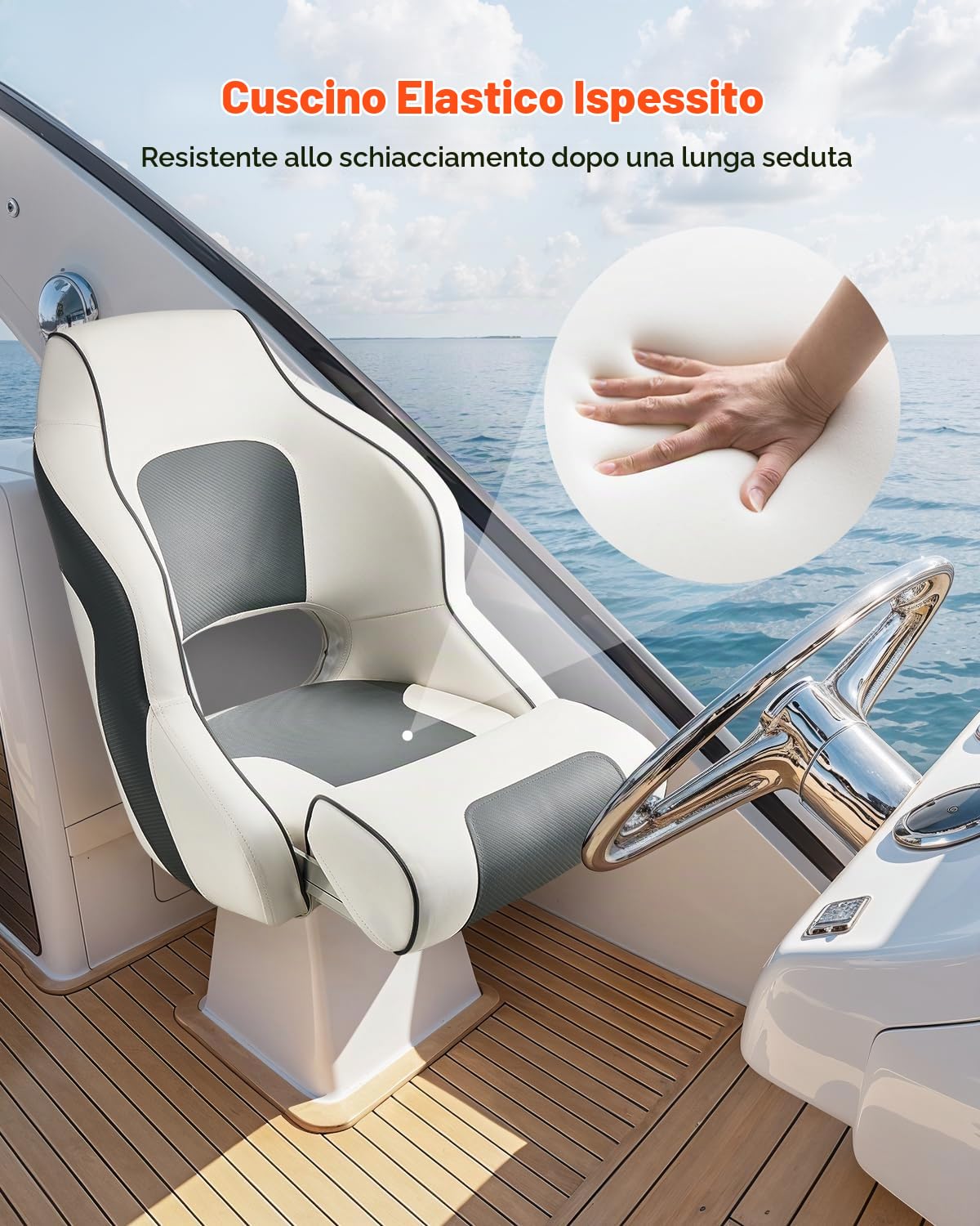 VEVOR Sedile per Barca, Schienale Alto, Sedile Ribaltabile per Barca, con Cuscino in Spugna Spessa e Pelle Impermeabile, Design Ergonomico, per Barche, Yacht, Navi, Bianco e Grigio