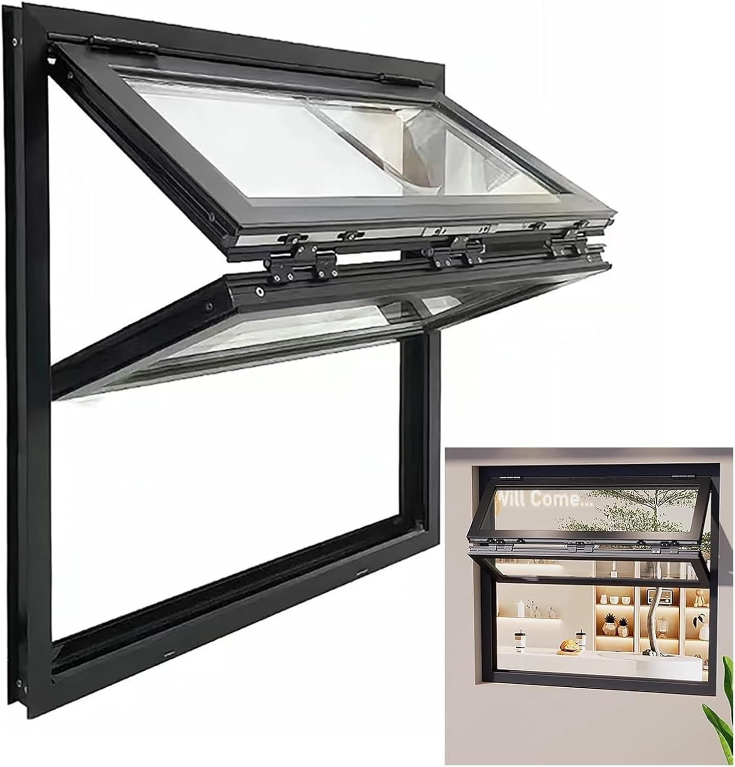 Folding Concession Serving Window, Aluminum Kitchen Windows with Bottom Frame, Double Hung Stand Serving Window for Coffee Shop(Black,WxH 37.4x29.5in/95x75cm)