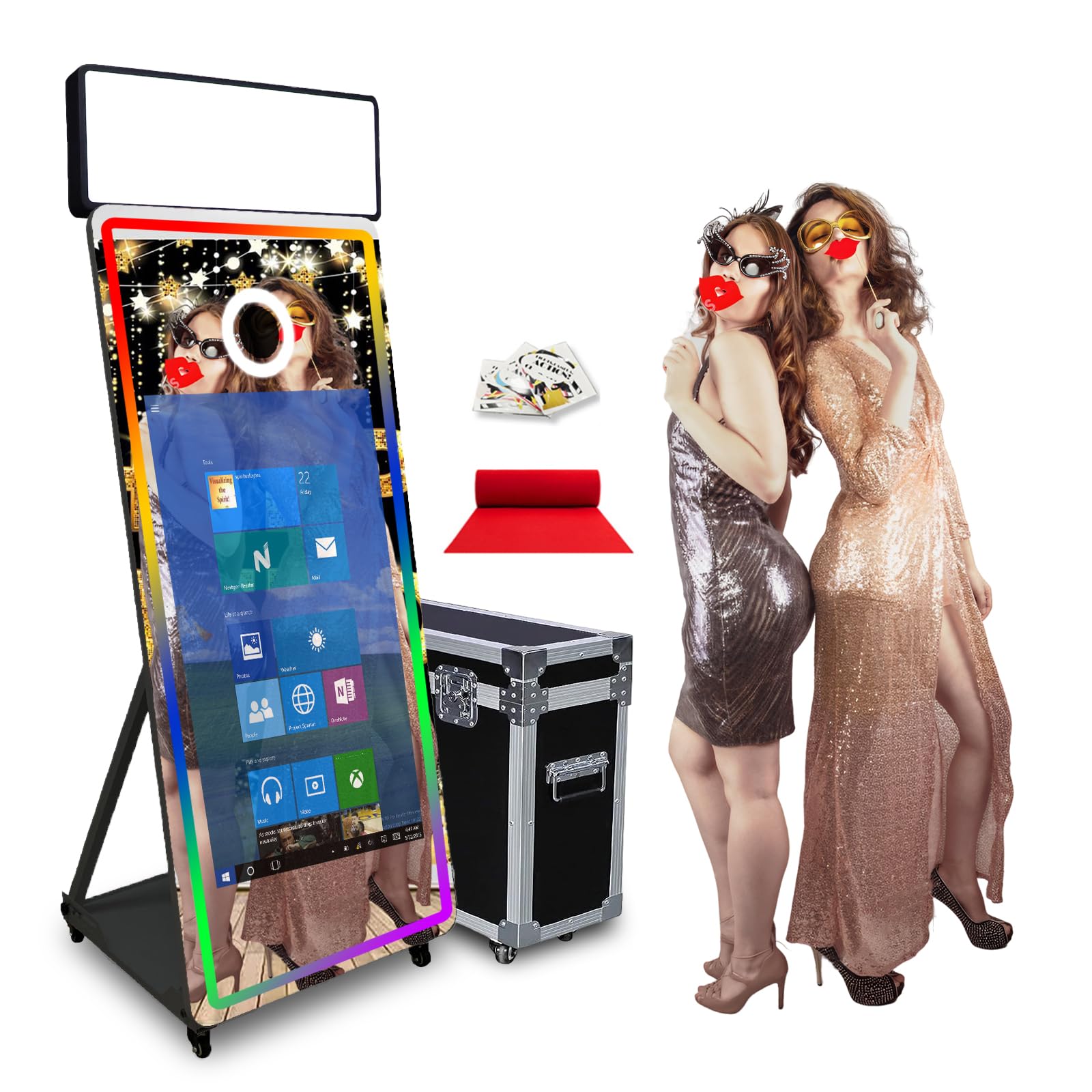 65in Magic Mirror Photo Booth with Square Fill Light,43in Touch Screen Magic Mirror,RGB Looped Light Frames, Portable Wedding Party Event with Flight Case (Black, 43''Screen)