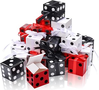 Ctosree 50 Pcs Dice Favor Boxes 2 x 2 x 2 Inch Casino Theme Party Decor Casino Night Decorations Red Black White Dice Gable Box Goodie Box with Ribbon