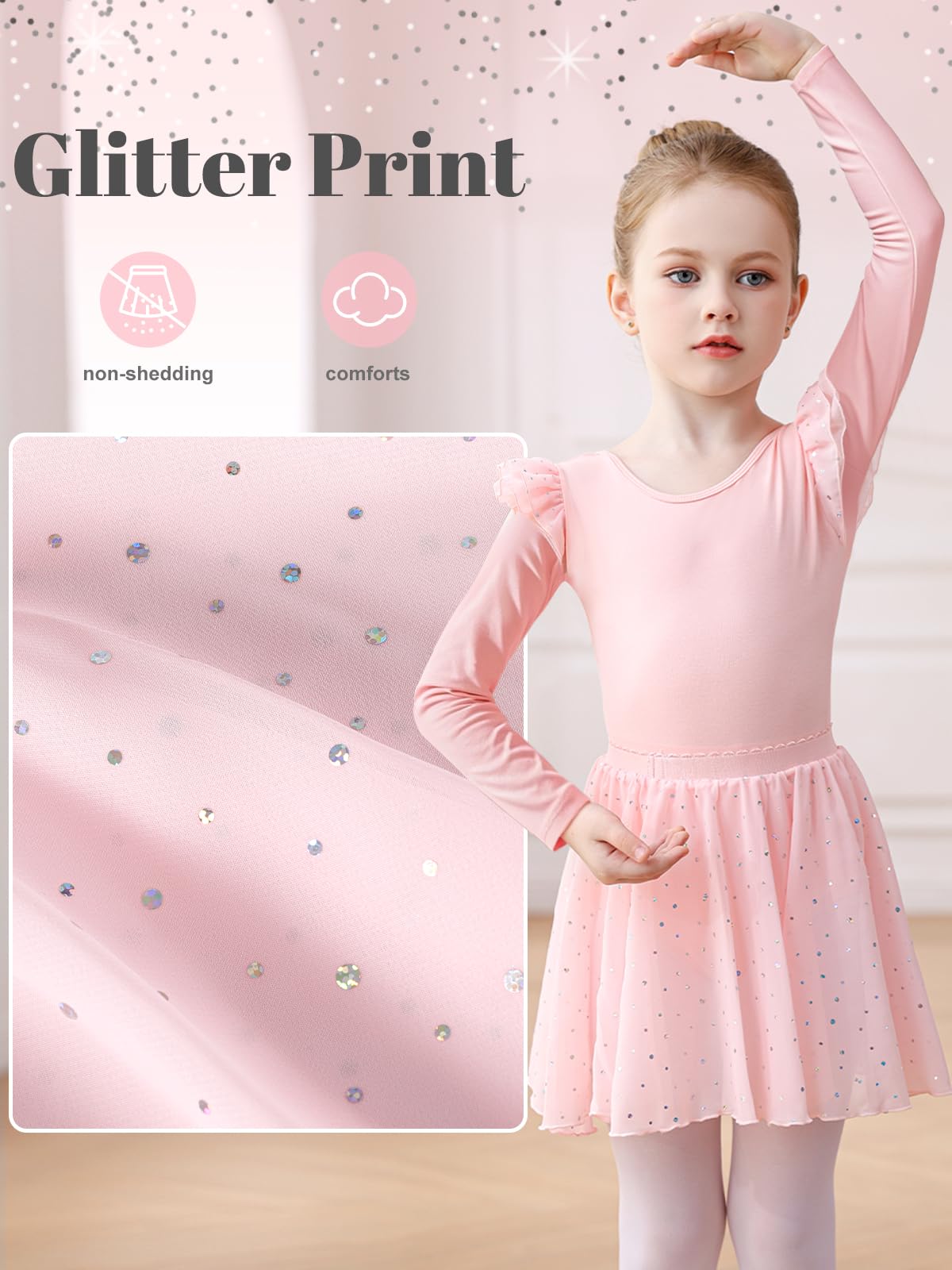 Ballettkleidung Mädchen Langarm Ballerina Turnanzug mit Abnehmbarem Rock Glitzer Ballettkleid Tanzkleid Kinder Ballett Trikot 2-11 Jahre