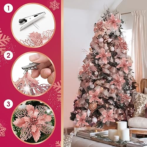 Miniatura 4 de Flores de árbol de Navidad flores artificiales con purpurina de 6 pulgadas para decoraciones de Navidad bodas fiestas de vacaciones adornos de árbol