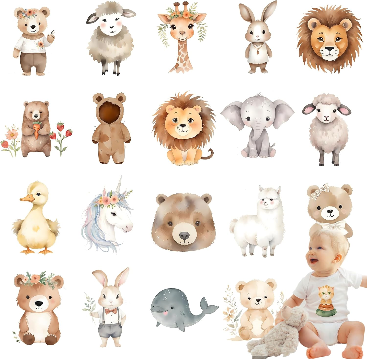 20 Pcs 5.5 Inch Baby Iron On DTF Transfers with Soft Watercolor Animal Designs for Baby Clothes, Onesies, Bodysuits, Bibs and Shower Gifts