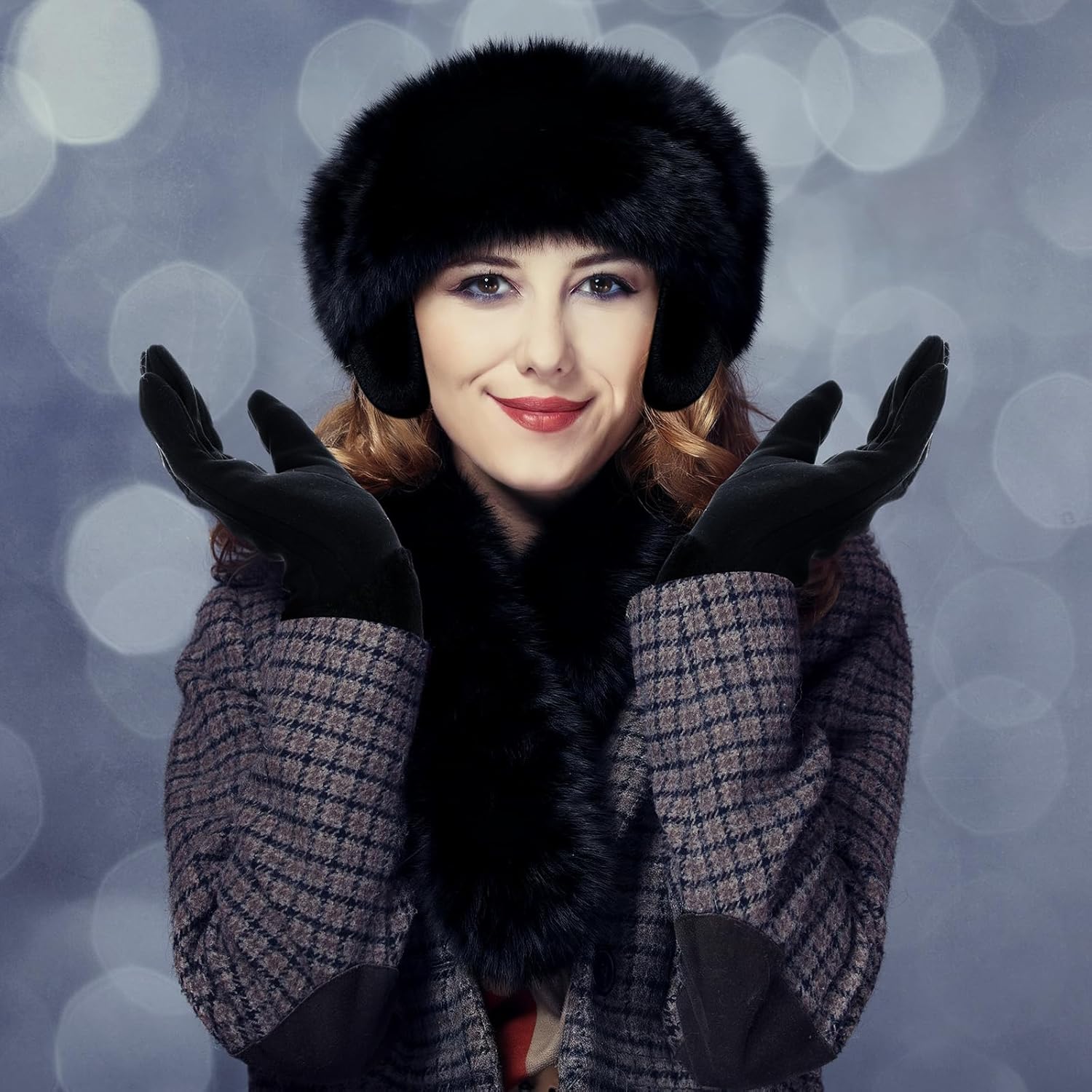 Mepase 4 Pcs Women Winter Faux Mink Fur Mongolian Hat with Faux Fur Collar Scarf Earmuffs and Touch Screen Gloves Set - Image 4