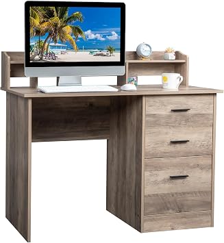 Desk with Drawers and Desktop Hutch, Computer Desk with 3 Drawers, Desks with Drawers for Bedroom,PC Laptop Workstation,Gray Melamine-Faced Chipboard, Suitable for Letter Size Files Hanging