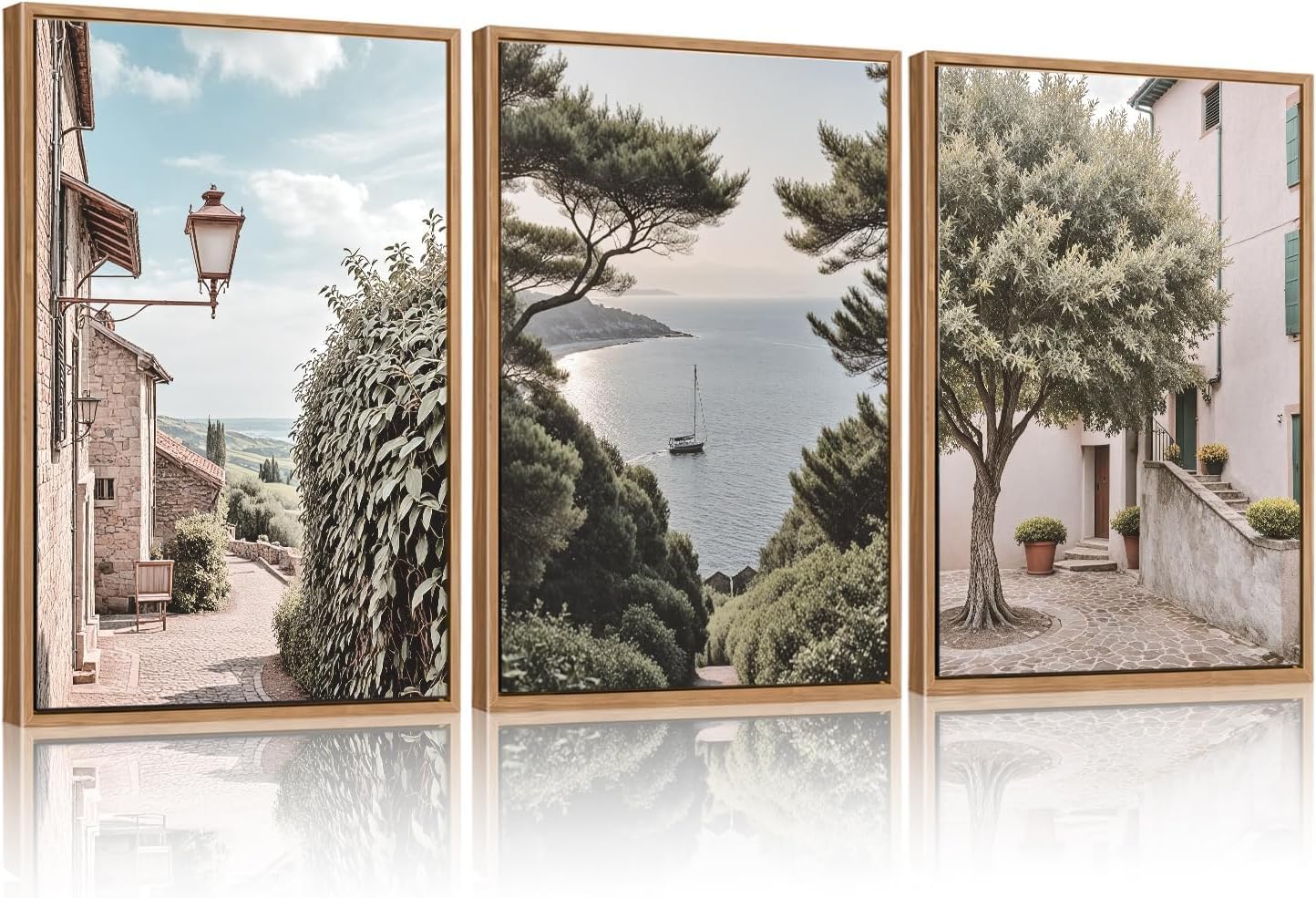 ANHUIB Neutral Italy Cityscape Gallery Framed Wall Art Set Vintage Mediterranean Countryside Landscape Canvas Artwork Town Coast Streets Travel Decor Prints for Living Room Bedroom Office Home 30×40cm — image 1